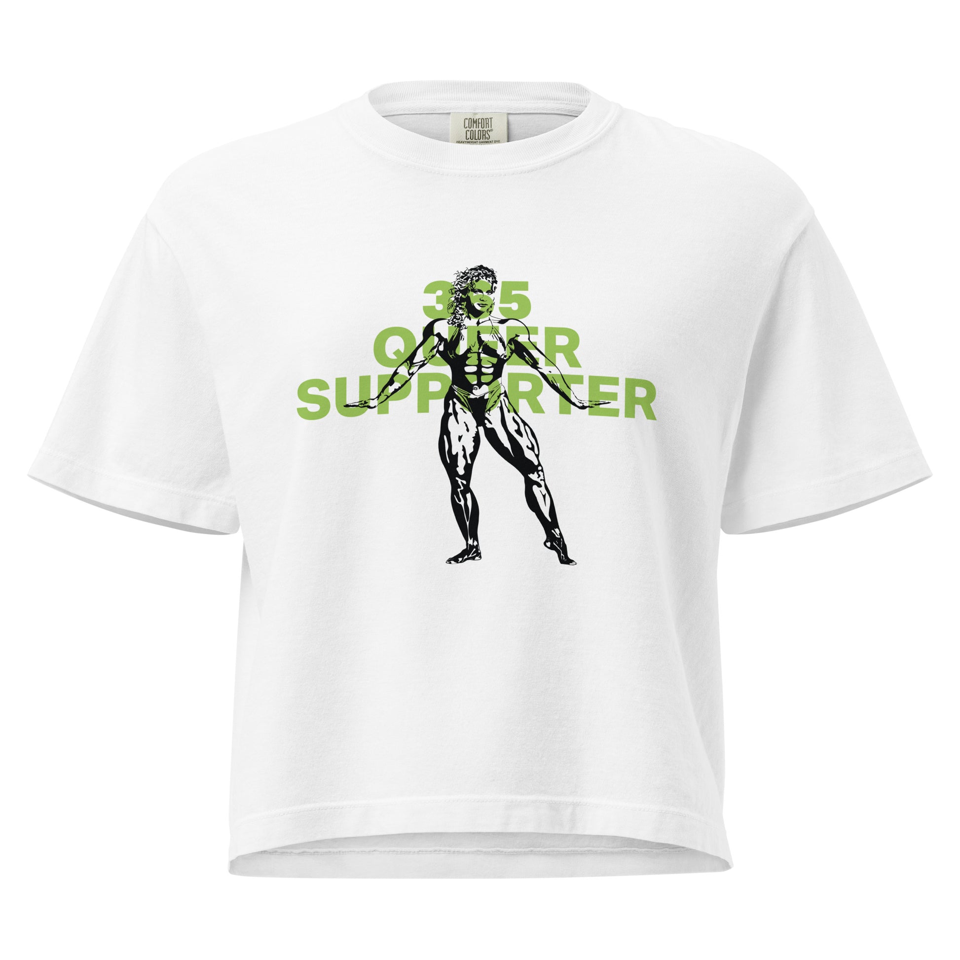 White boxy t-shirt, with the phrase ‘365 Queer Supporter’ in bold green lettering. Features a black illustration of a strong bodybuilder. Promotes year-round support for LGBTQ+ athletes and the belief that we should all be strong—together and as individuals. Designed by a queer-owned business.