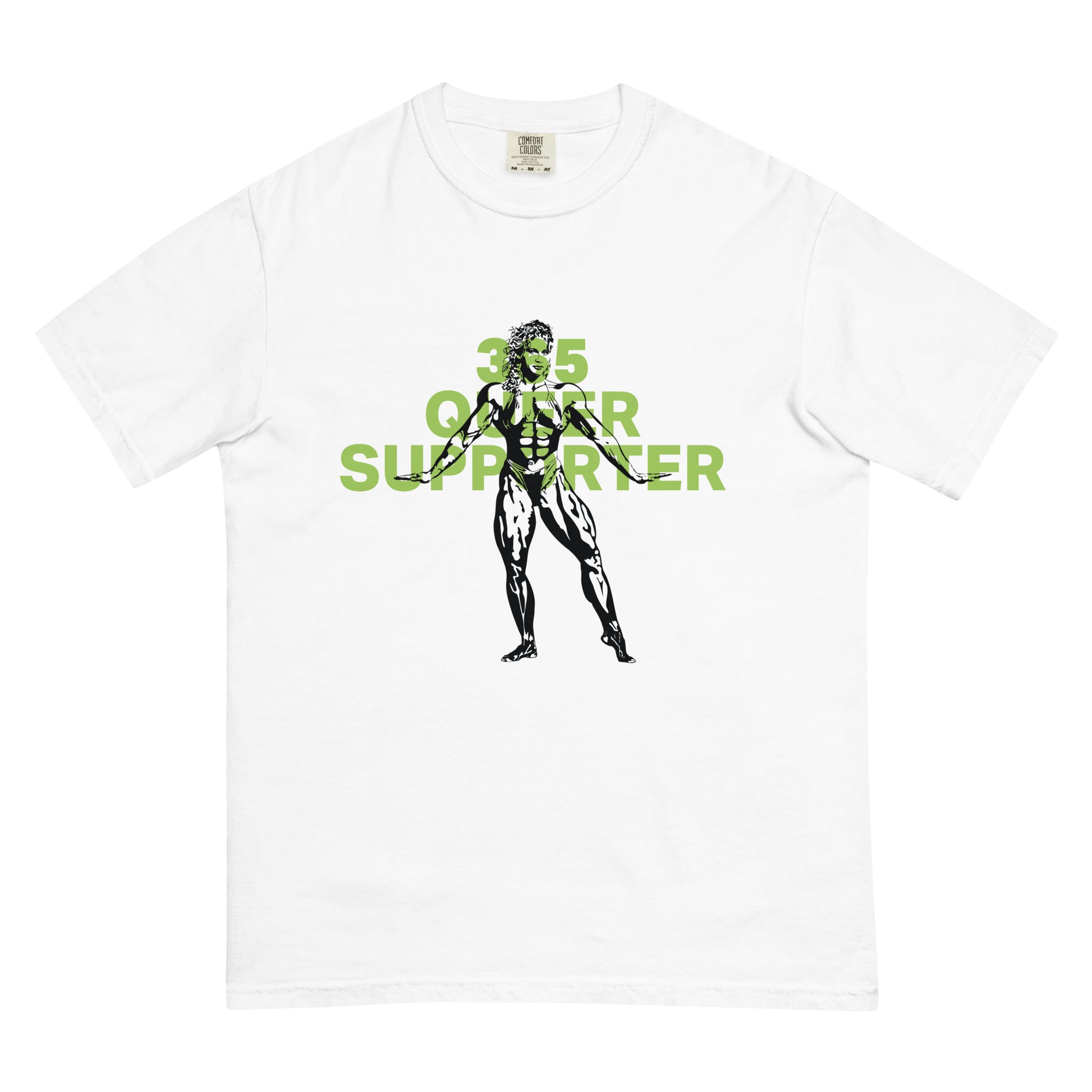 White t-shirt with the phrase ‘365 Queer Supporter’ in bold green lettering. Features a black illustration of a strong bodybuilder. Promotes year-round support for LGBTQ+ athletes and the belief that we should all be strong—together and as individuals. Designed by a queer-owned business.