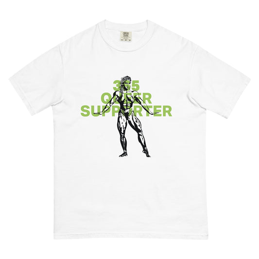 White t-shirt with the phrase ‘365 Queer Supporter’ in bold green lettering. Features a black illustration of a strong bodybuilder. Promotes year-round support for LGBTQ+ athletes and the belief that we should all be strong—together and as individuals. Designed by a queer-owned business.