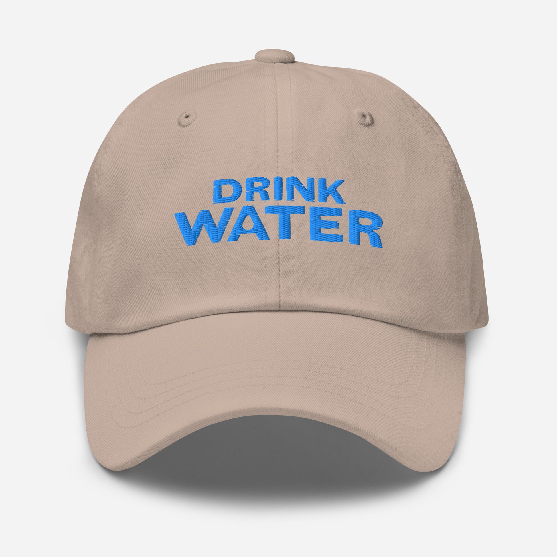 Stone classic dad hat with bright blue text that reads ‘DRINK WATER’ designed by queer creators to express the need to remember to stay hydrated. Front view, not on model.