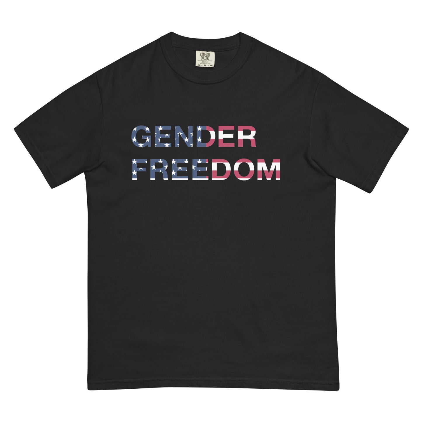Gender Freedom’ tank top featuring the American flag — honoring the First Amendment and the patriotic right to express identity, speak truth, and live freely in the land of liberty. Black T-shirt, front view.