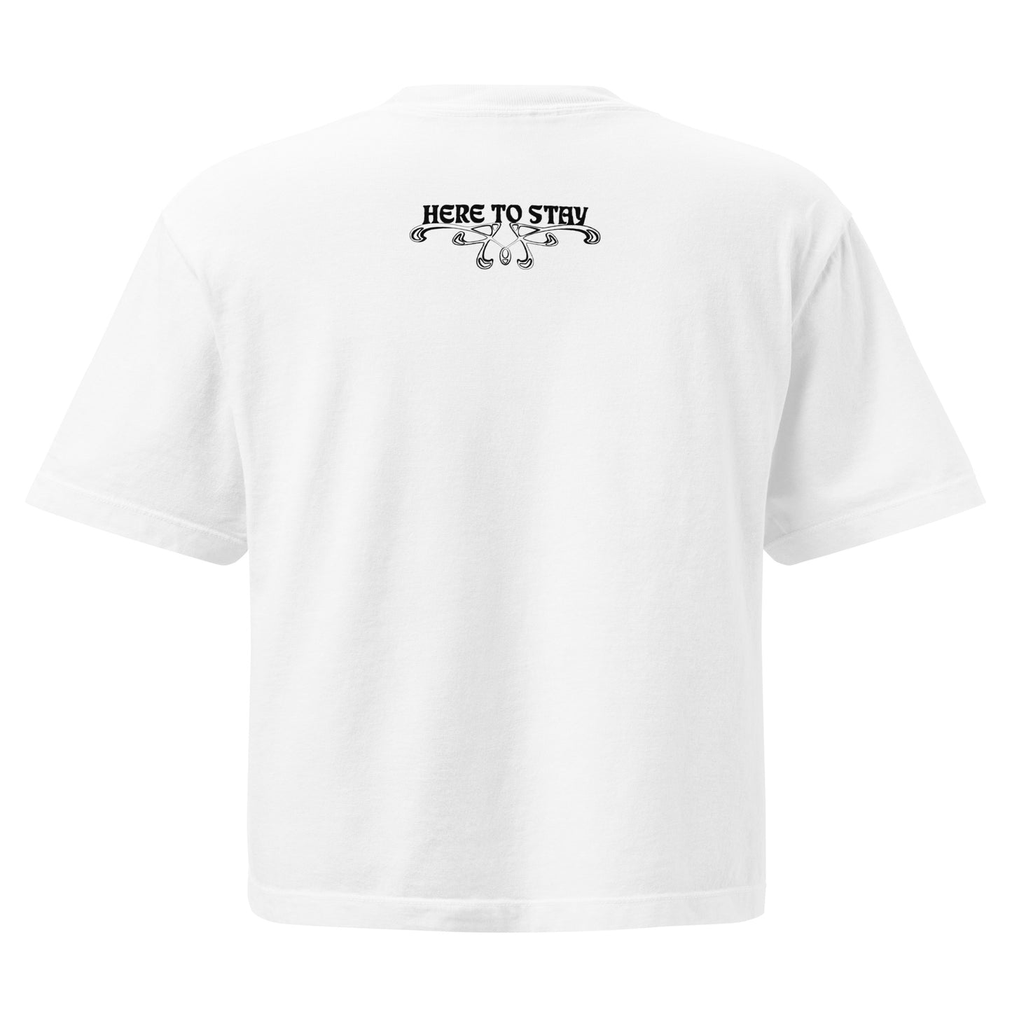 White, boxy t-shirt. Featuring the phrase ‘Queer existence is the agenda’ on the front, ‘here to stay’ on the back. Design is in black, with a butterfly design on the front and an abstract design on the back. Design is in contrast to legislation that is based on eraser of queer people. Designed by a small LGBTQ+ owned business. Back of shirt.