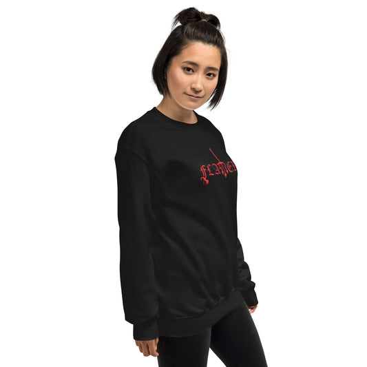 Black sweatshirt with "FLAMER" in red blackletter, illustrated script, the M styled as a devil's pitchfork — a 12:AM Intuition reclamation of a slur, designed to go all out. On model.