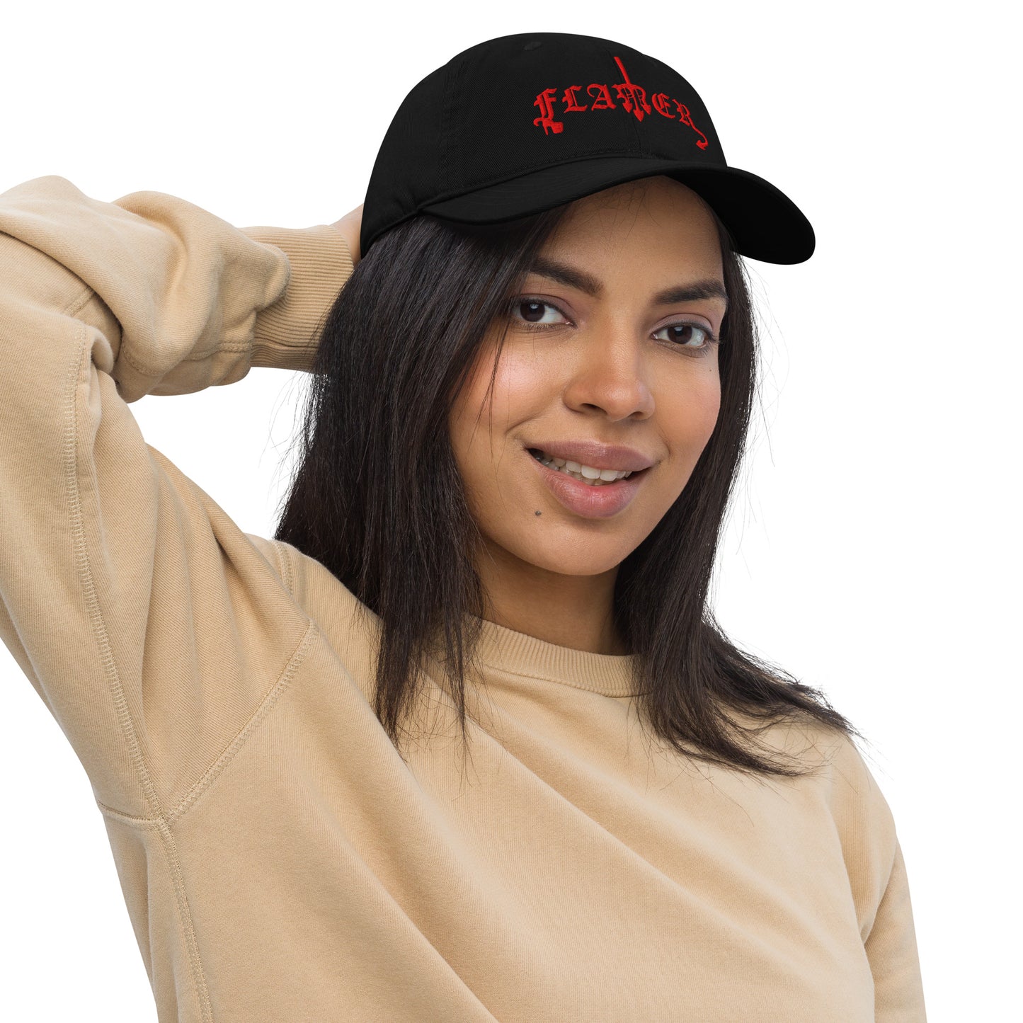 Black dad hat embroidered with "FLAMER" in red blackletter script, the M styled as a devil's pitchfork — a 12:AM Intuition reclamation design. On model.