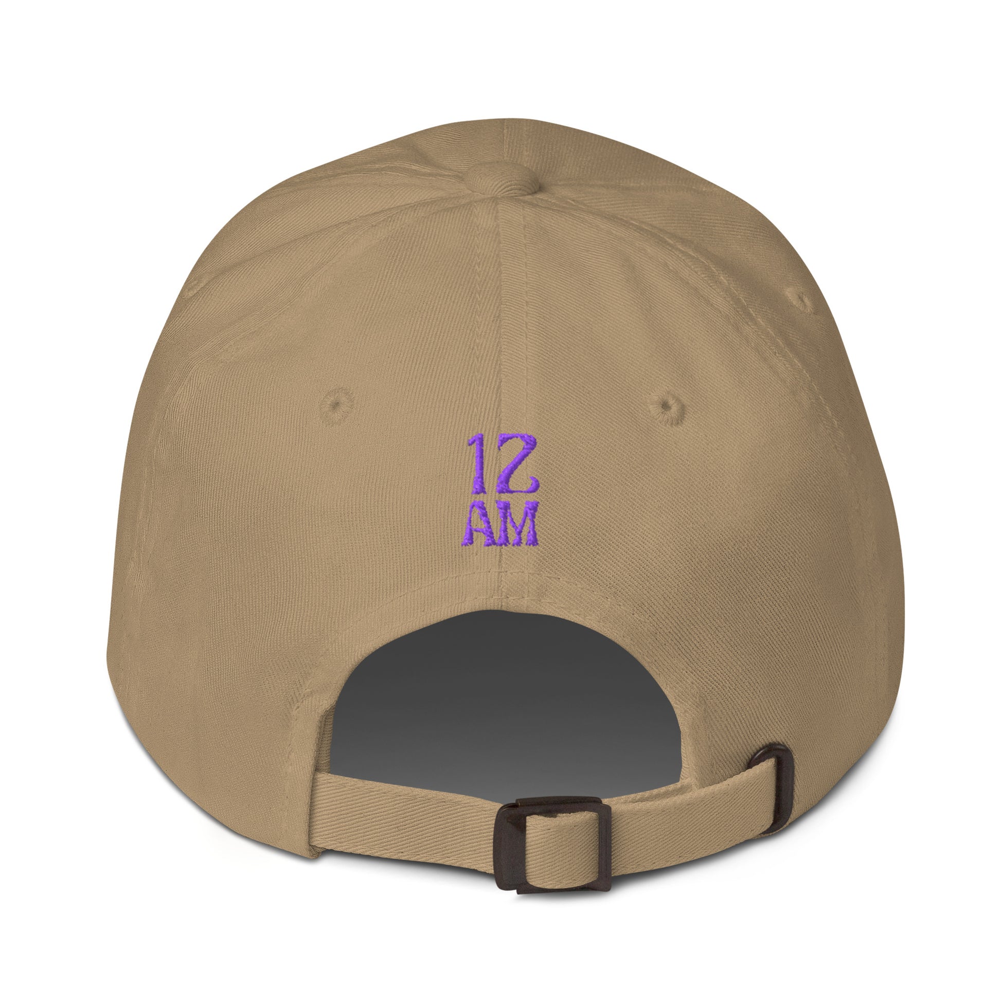 Back view of khaki dad hat showing embroidered 12AM Intuition logo, logo in purple, hat not worn or modeled.