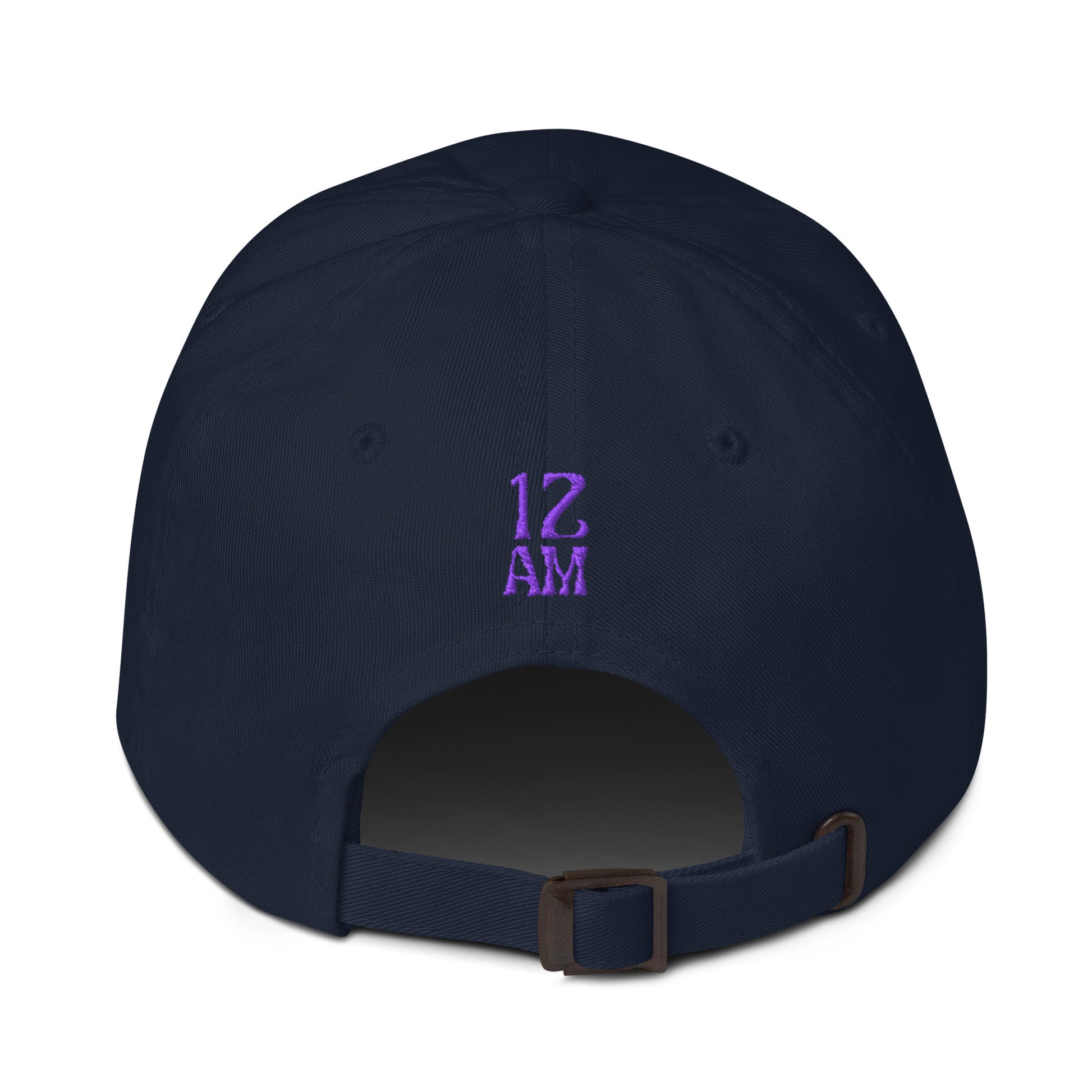 Back view of navy dad hat showing embroidered 12AM Intuition logo, logo in purple, hat not worn or modeled. Drink water design.