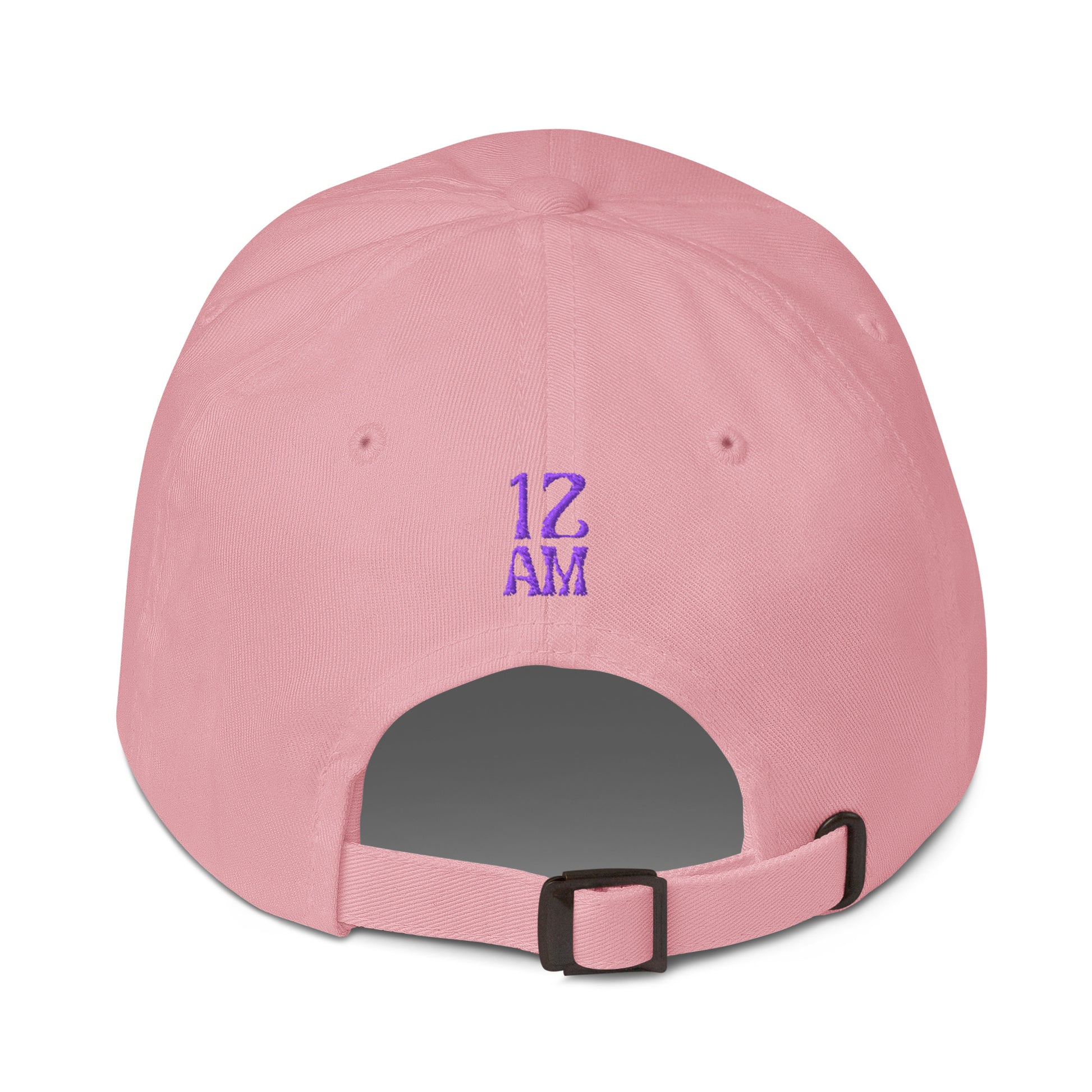 Back view of pink dad hat showing embroidered 12AM Intuition logo, logo in purple, hat not worn or modeled. Drink water design.