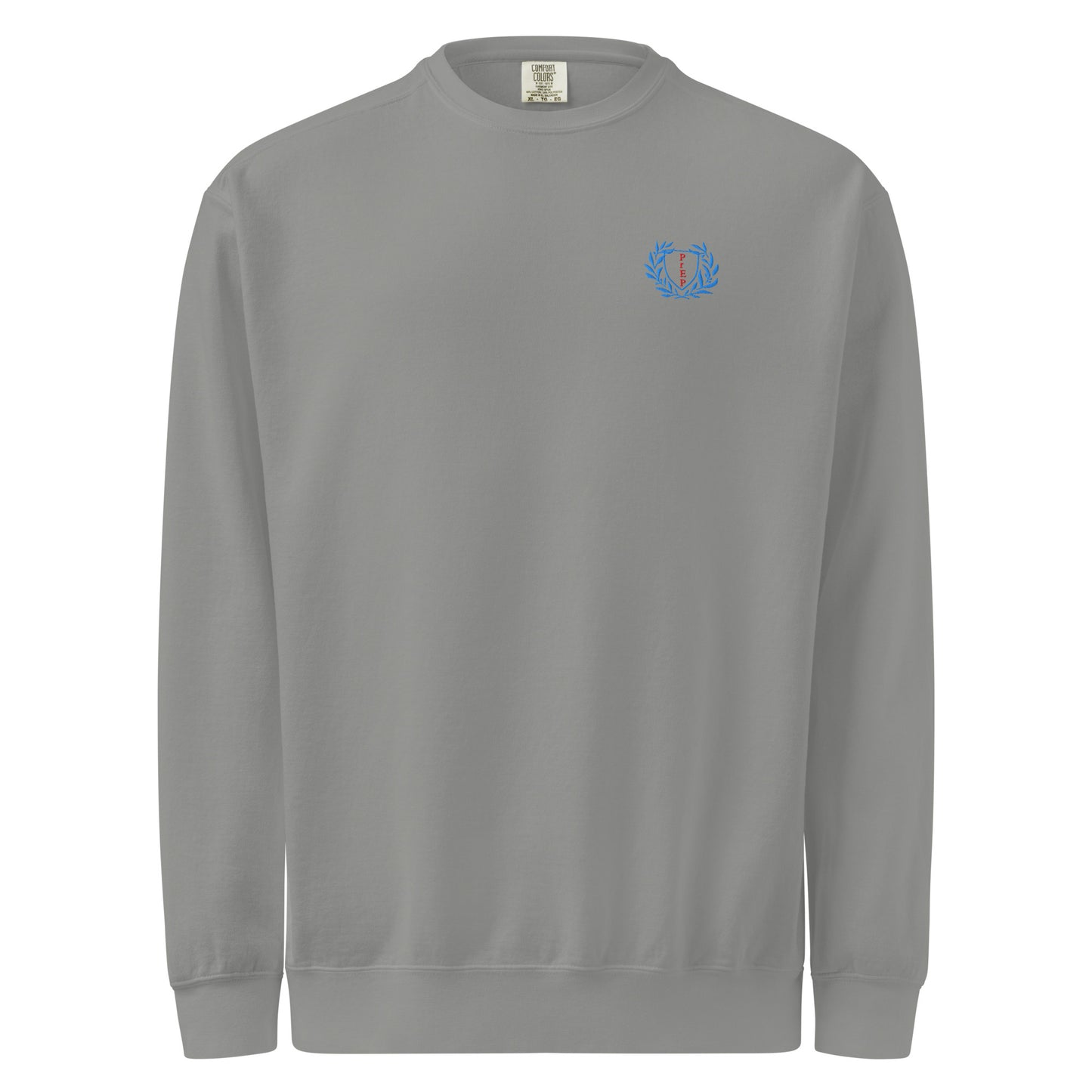 Grey sweatshirt with embroidered design, with bold front text reading ‘PrEP Saves Lives!’ styled in Ivy League-inspired type. Designed by queer creators to promote HIV awareness and access to PrEP through unapologetic activism and education. Front of sweatshirt.