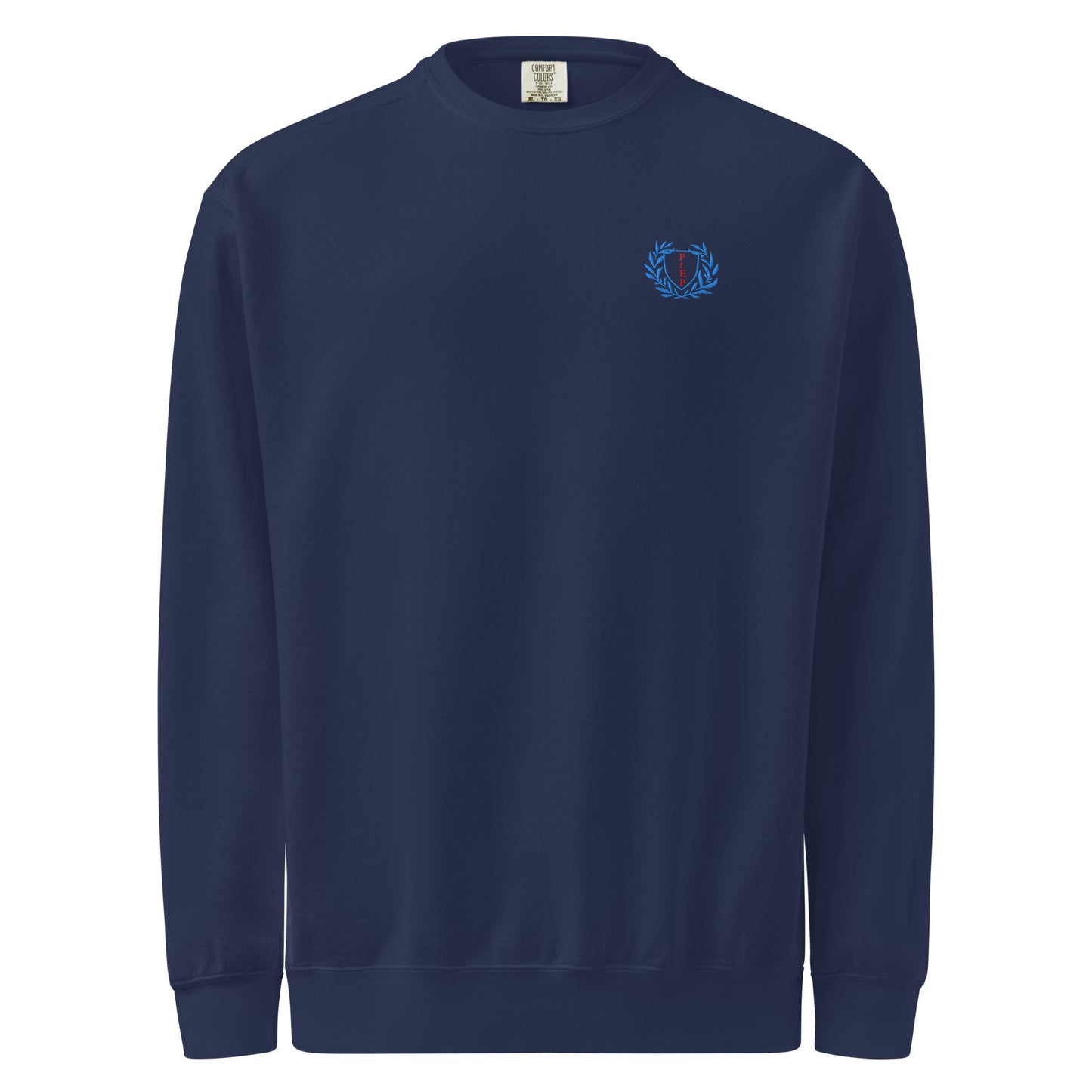 Navy sweatshirt with embroidered design, with bold front text reading ‘PrEP Saves Lives!’ styled in Ivy League-inspired type. Designed by queer creators to promote HIV awareness and access to PrEP through unapologetic activism and education. Front of sweatshirt.