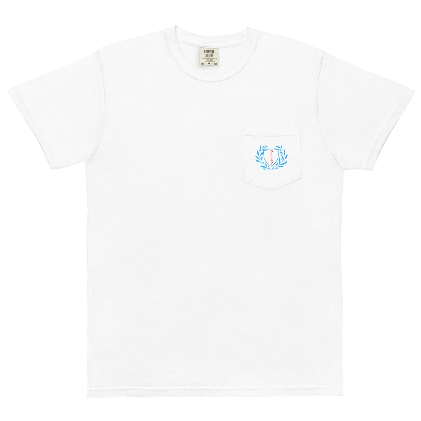 White t-shirt with a pocket and bold front text reading ‘PrEP’ styled in Ivy League-inspired design. Made by queer creators to promote HIV awareness and access to PrEP through unapologetic activism and education. Front view, not on model.