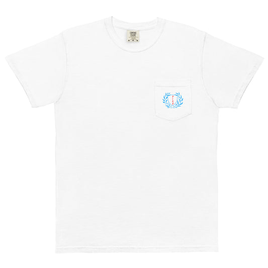 White t-shirt with a pocket and bold front text reading ‘PrEP’ styled in Ivy League-inspired design. Made by queer creators to promote HIV awareness and access to PrEP through unapologetic activism and education. Front view, not on model.