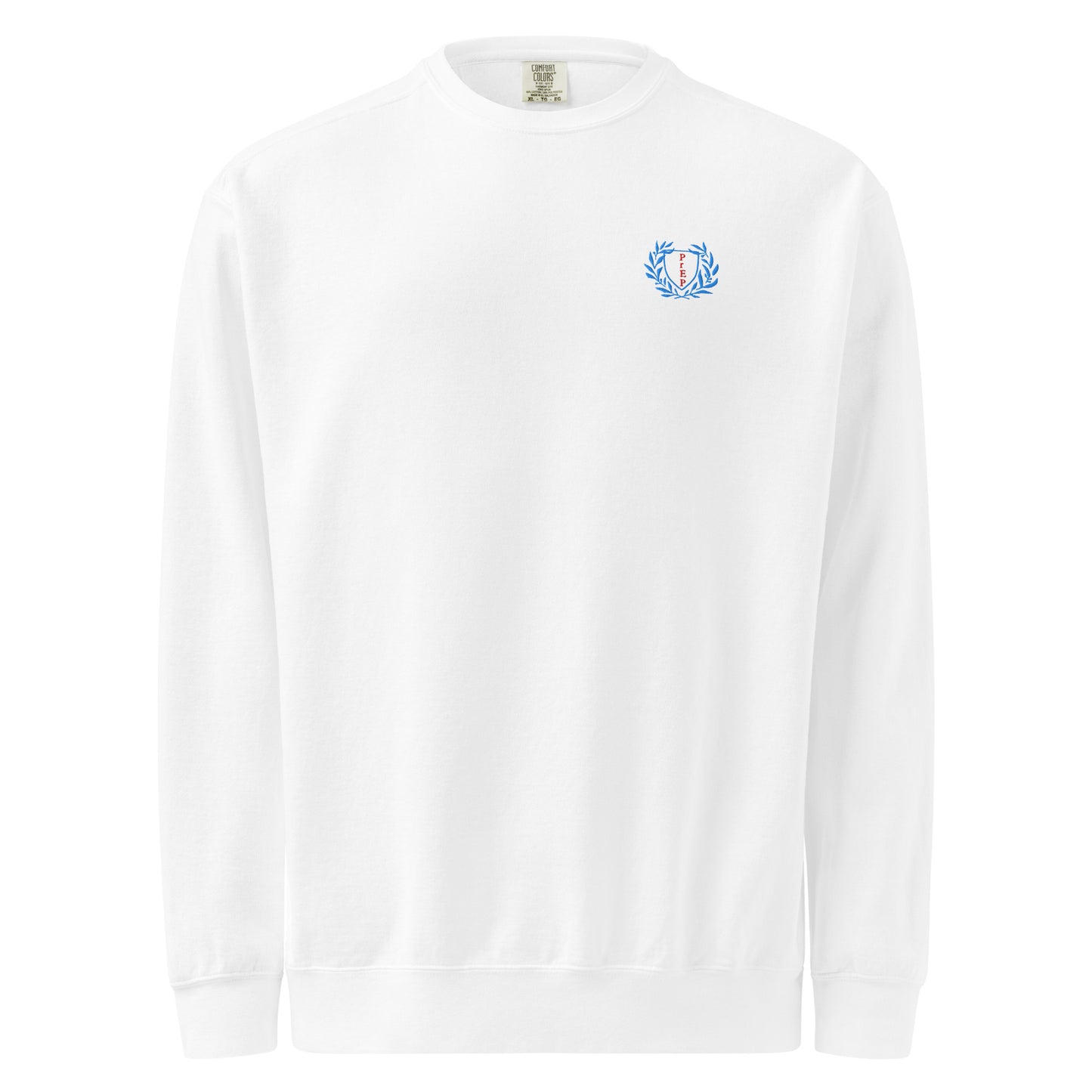 White sweatshirt with embroidered design, with bold front text reading ‘PrEP Saves Lives!’ styled in Ivy League-inspired type. Designed by queer creators to promote HIV awareness and access to PrEP through unapologetic activism and education. Front of sweatshirt.