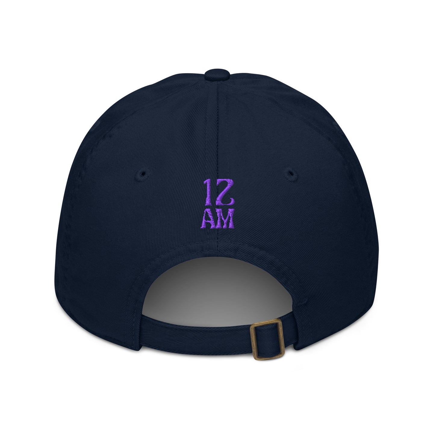 Black colored hat, back view with 12AM design. Front text reading ‘PrEP’ in red, blue leaves styled in Ivy League-inspired design. Made by queer creators to promote HIV awareness and access to PrEP through unapologetic activism and education. Back view, not on model.