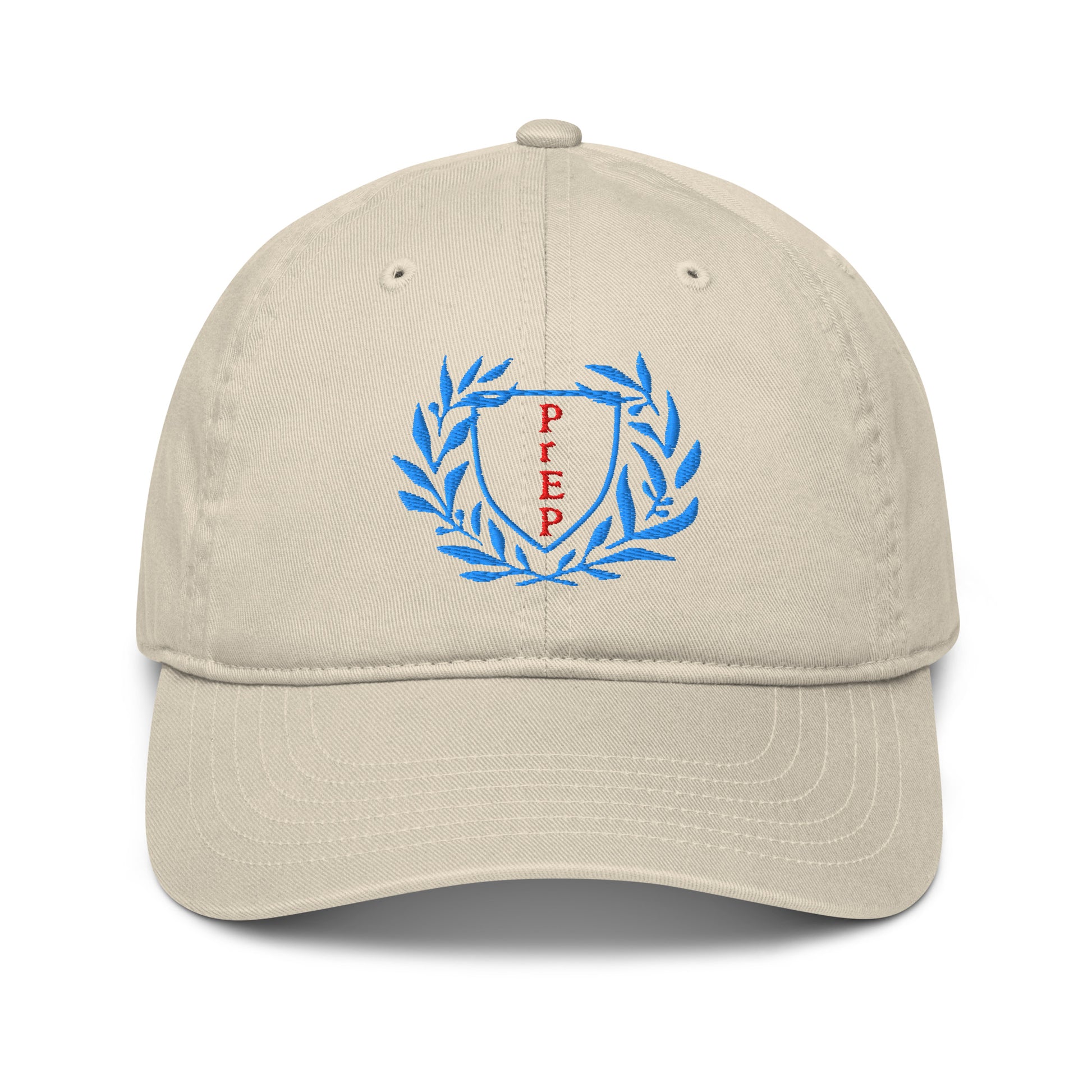 Oyster colored hat, front text reading ‘PrEP’ in red, blue leaves styled in Ivy League-inspired design. Made by queer creators to promote HIV awareness and access to PrEP through unapologetic activism and education. Front view, not on model.