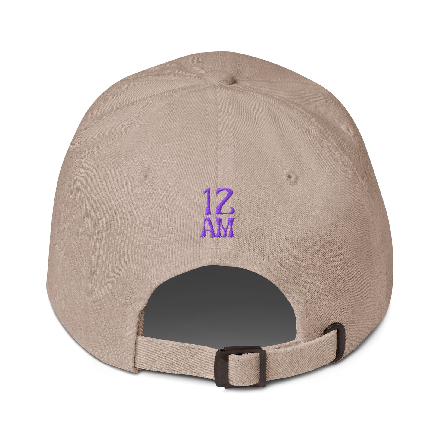 Back view of stone dad hat showing embroidered 12AM Intuition logo, logo in purple, hat not worn or modeled. Drink water design.