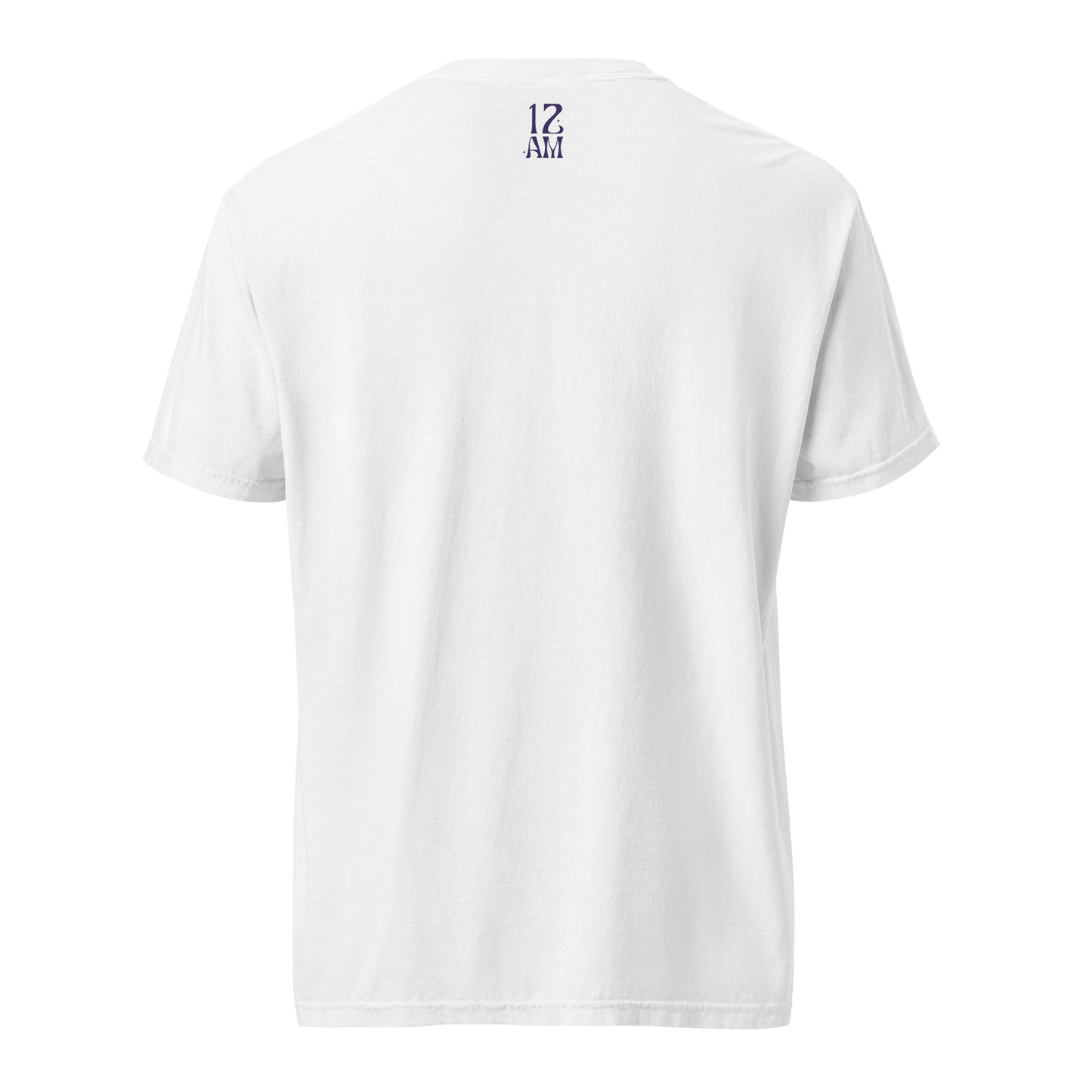White, boxy t-shirt featuring the phrase ‘My horoscope says I’m gay’ in a blue decorative typeface, gay as the moon. Playful nod to queer identity and astrology, embracing the idea that astrology is gay. Designed by a small LGBTQ+ owned business. Back of shirt.