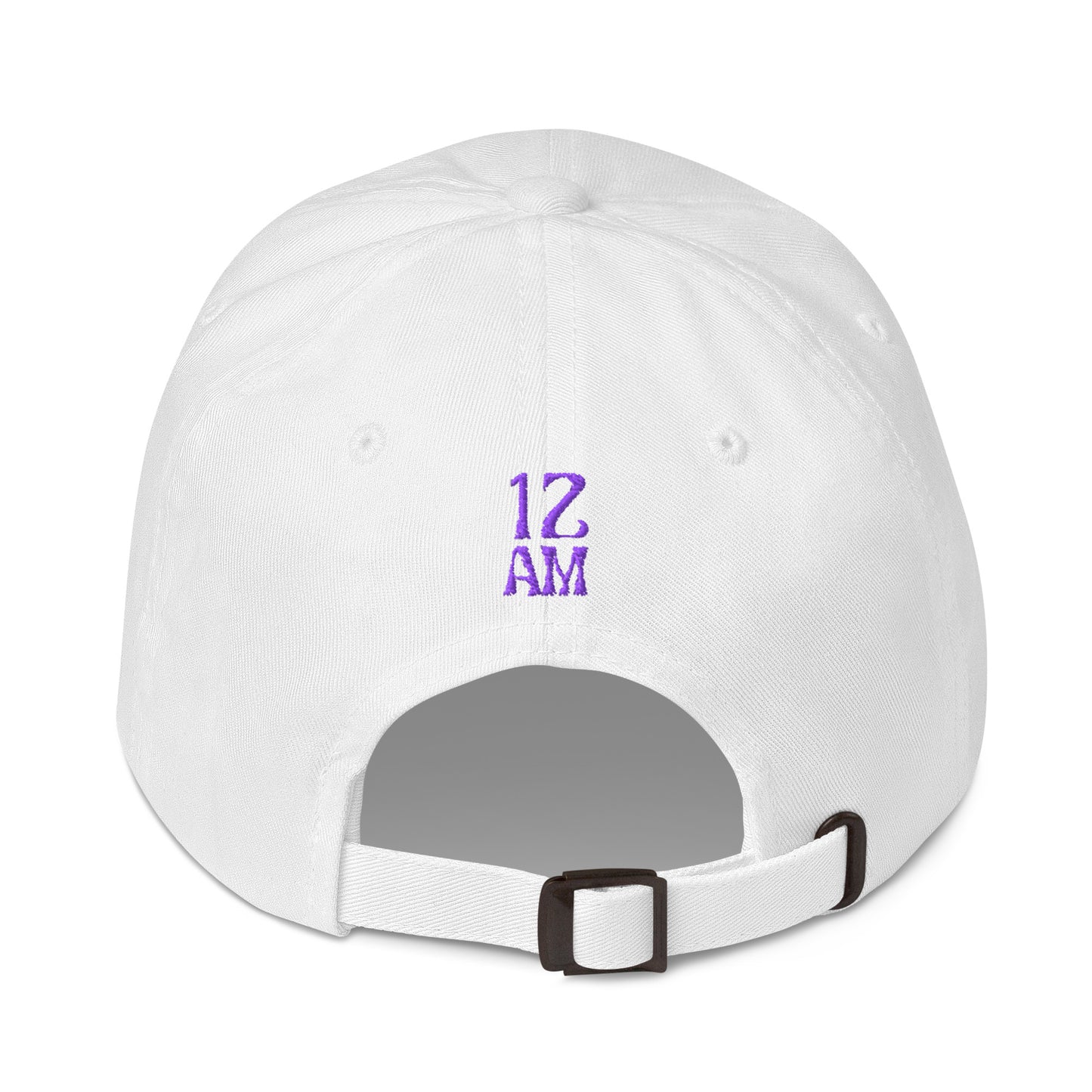Back view of white dad hat showing embroidered 12AM Intuition logo, logo in purple, hat not worn or modeled. Drink water design.