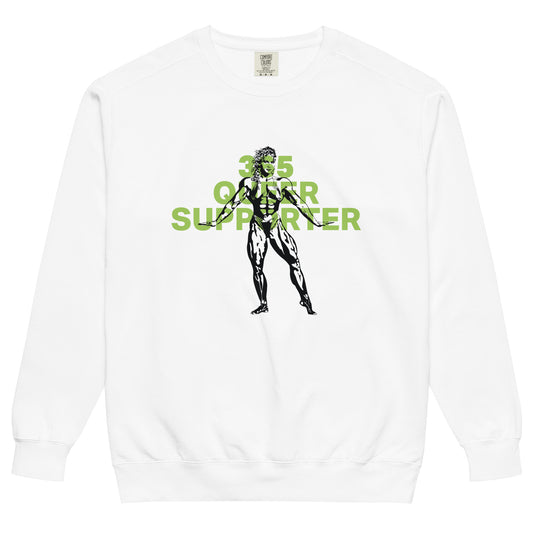 White sweathsirt with the phrase ‘365 Queer Supporter’ in bold green lettering. Features a black illustration of a strong bodybuilder. Promotes year-round support for LGBTQ+ athletes and the belief that we should all be strong—together and as individuals. Designed by a queer-owned business.
