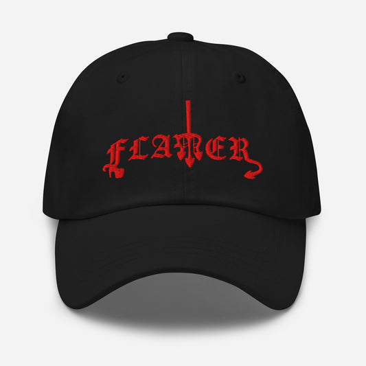 Black dad hat with bold red embroidery that reads ‘Flamer’ designed by queer creators to reclaim a historically derogatory phrase with pride and defiance. Front view of hat.