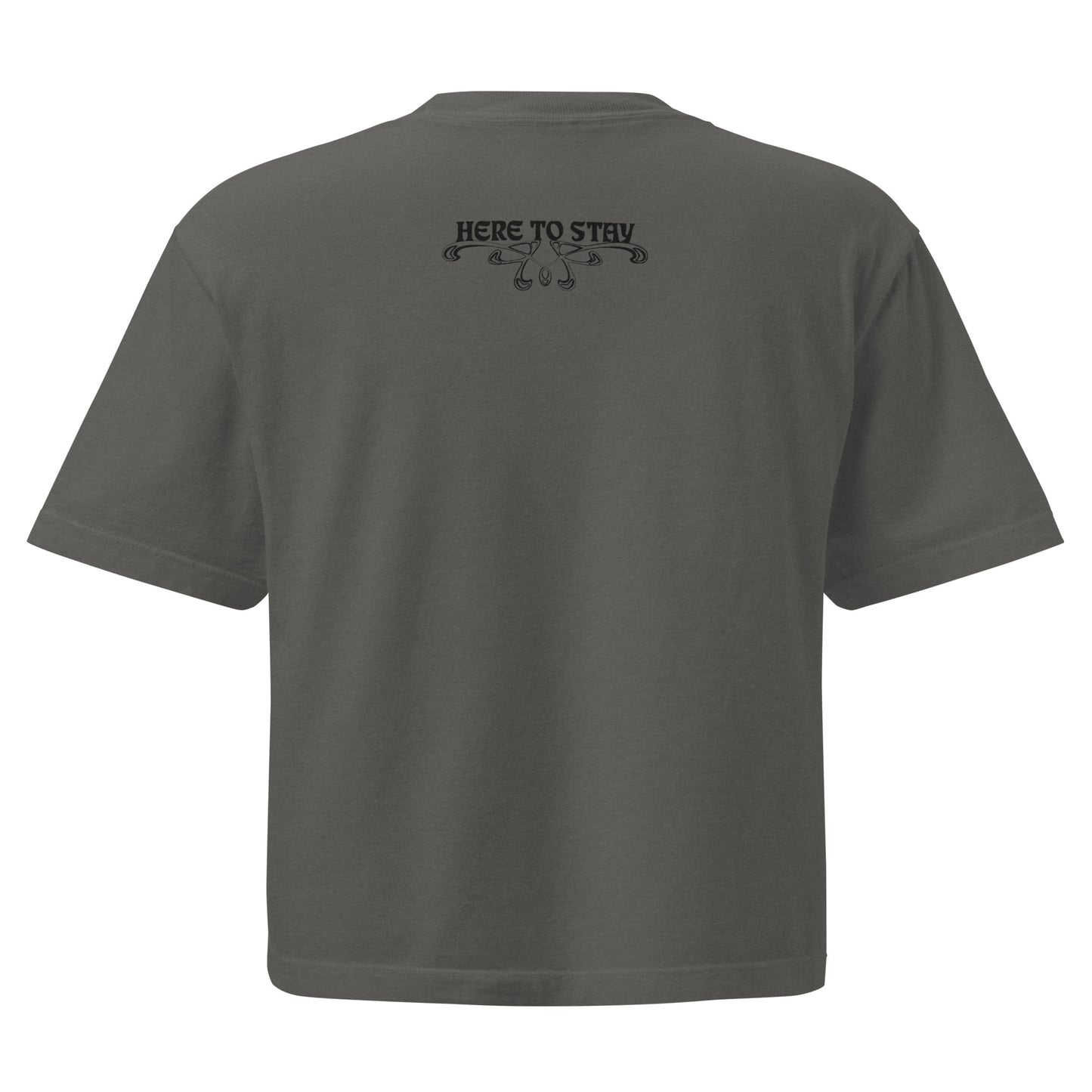 Pepper, boxy t-shirt. Featuring the phrase ‘Queer existence is the agenda’ on the front, ‘here to stay’ on the back. Design is in black, with a butterfly design on the front and an abstract design on the back. Design is in contrast to legislation that is based on eraser of queer people. Designed by a small LGBTQ+ owned business. Back of shirt. 
