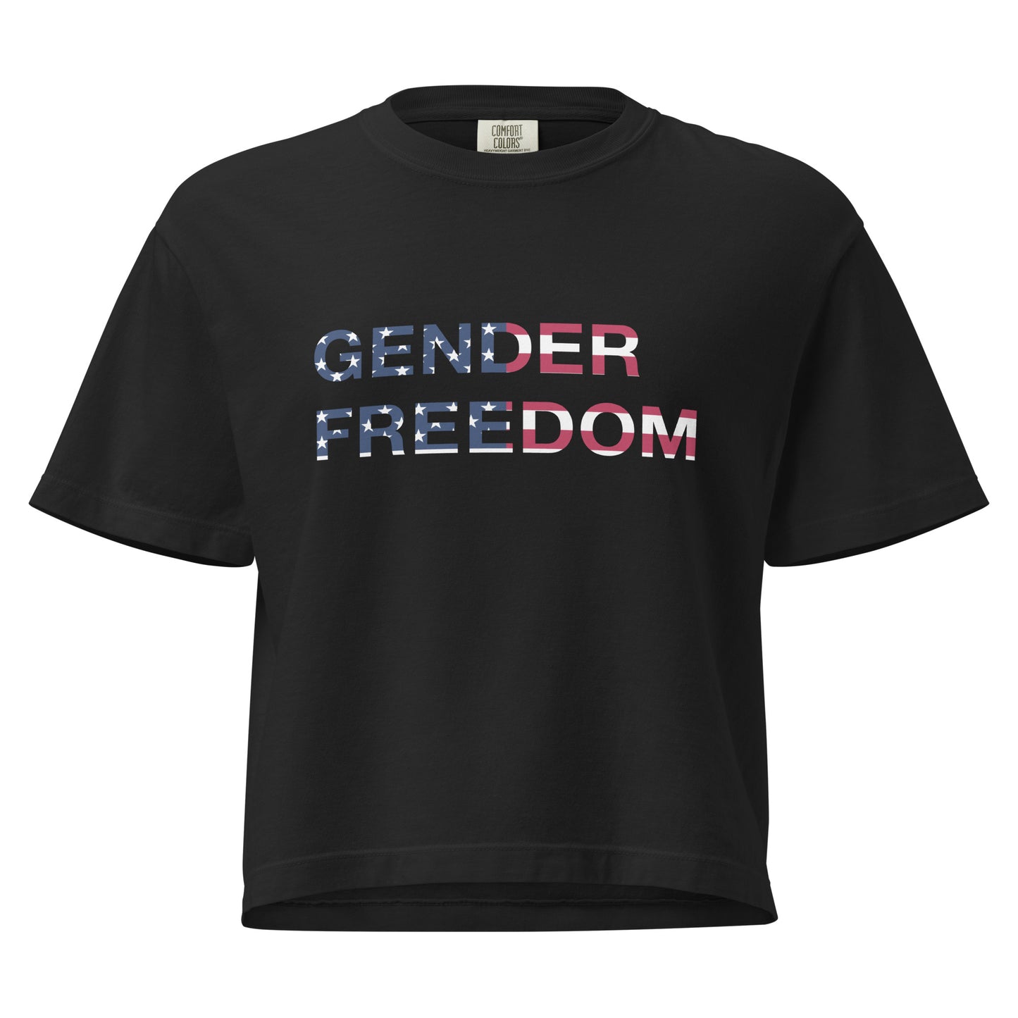 Black, boxy T-shirt featuring the phrase 'Gender Freedom’ over the American flag honoring the First Amendment and the patriotic right to express identity, speak truth, and live freely in the land of liberty. Designed by a small LGBTQ+ owned business. Front of shirt