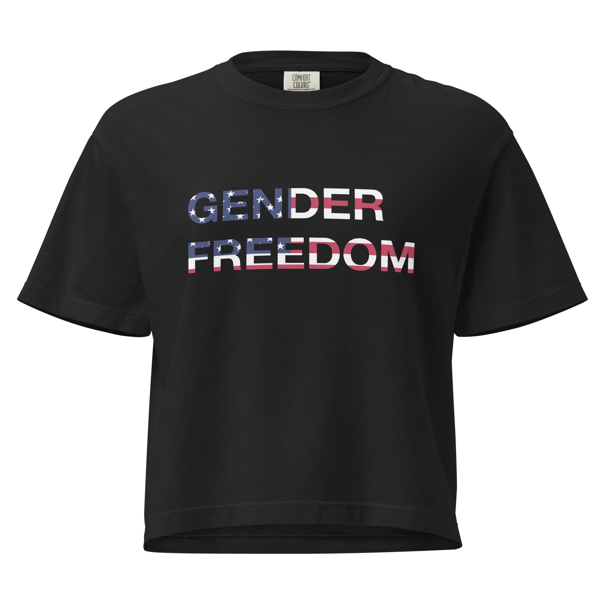 Black, boxy T-shirt featuring the phrase 'Gender Freedom’ over the American flag honoring the First Amendment and the patriotic right to express identity, speak truth, and live freely in the land of liberty. Designed by a small LGBTQ+ owned business. Front of shirt