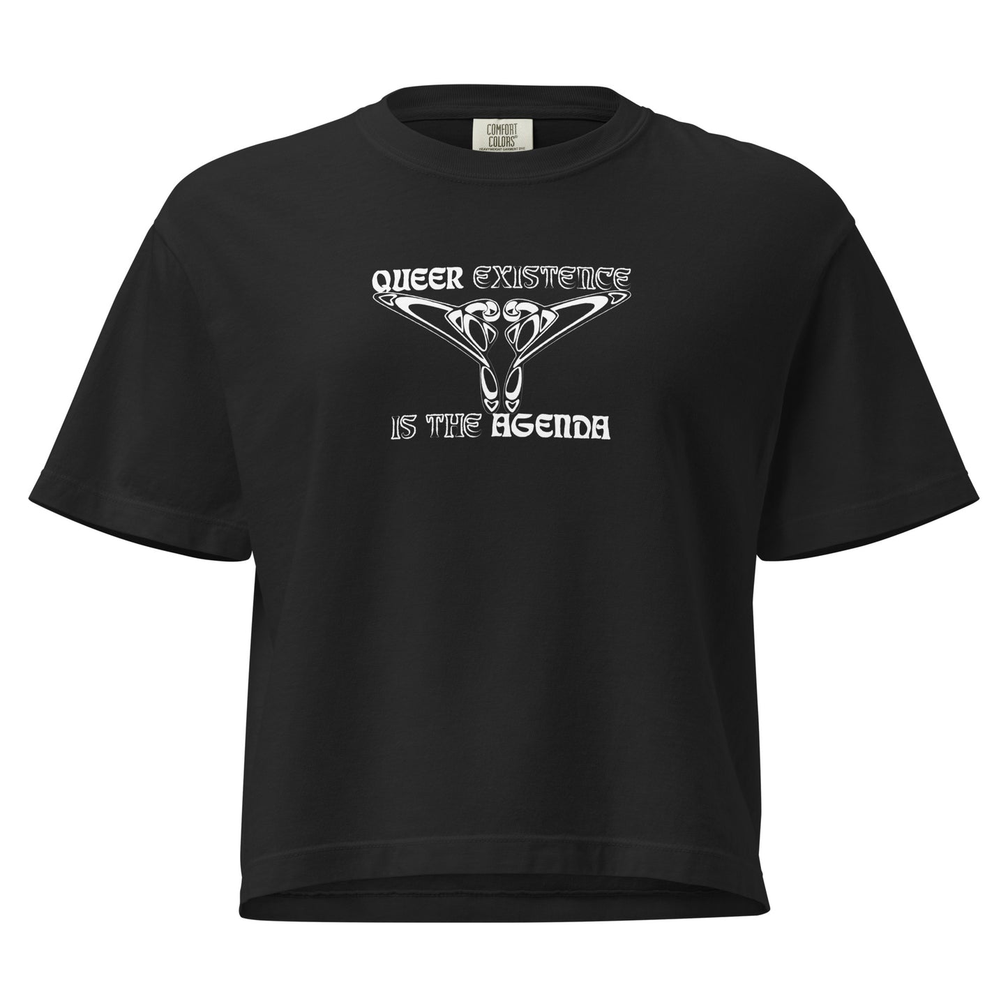 Black, boxy t-shirt. Featuring the phrase ‘Queer existence is the agenda’ on the front, ‘here to stay’ on the back. Design is in white, with a butterfly design on the front and an abstract design on the back. Design is in contrast to legislation that is based on eraser of queer people. Designed by a small LGBTQ+ owned business. Front of shirt. 