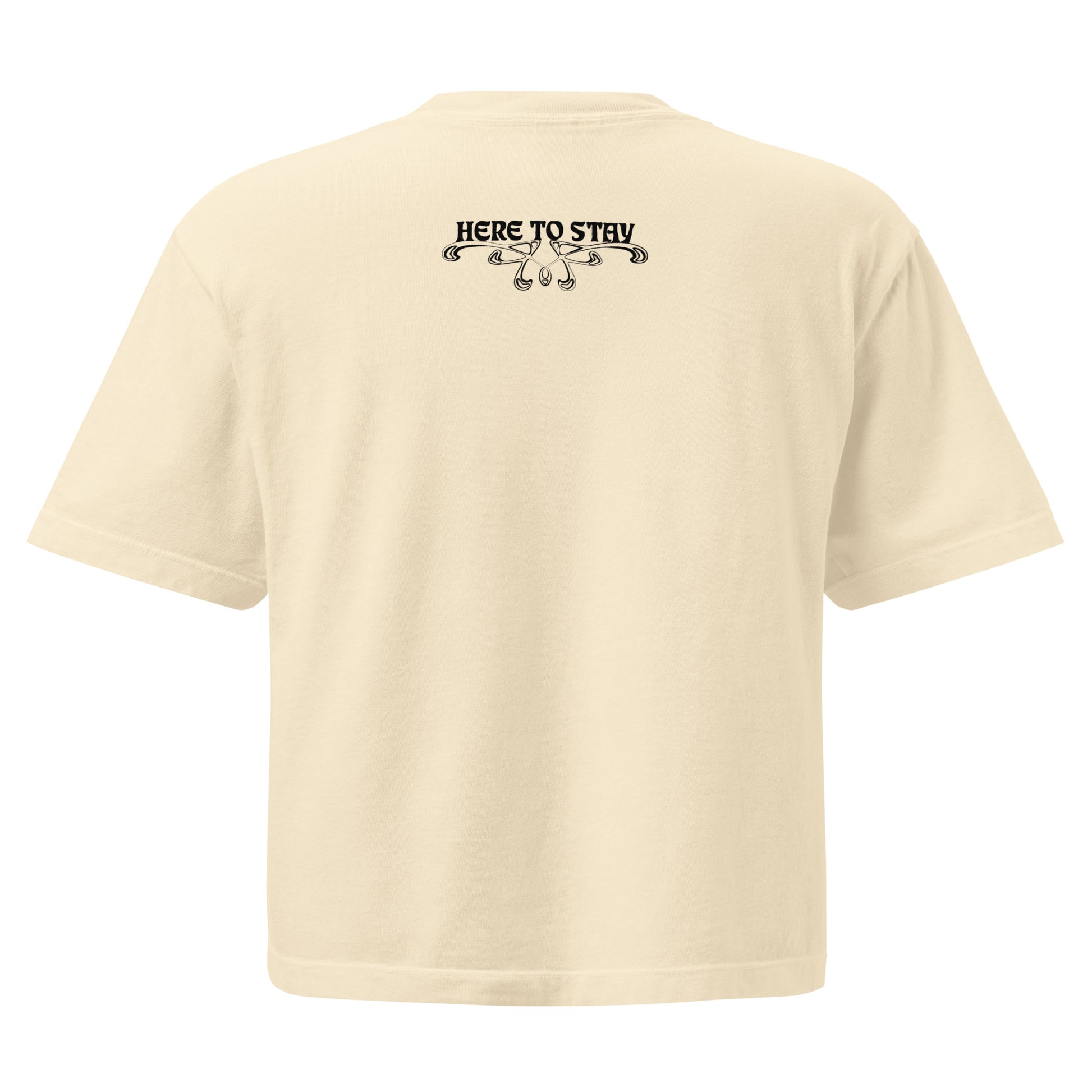 Ivory, boxy t-shirt. Featuring the phrase ‘Queer existence is the agenda’ on the front, ‘here to stay’ on the back. Design is in black, with a butterfly design on the front and an abstract design on the back. Design is in contrast to legislation that is based on eraser of queer people. Designed by a small LGBTQ+ owned business. Back of shirt. 