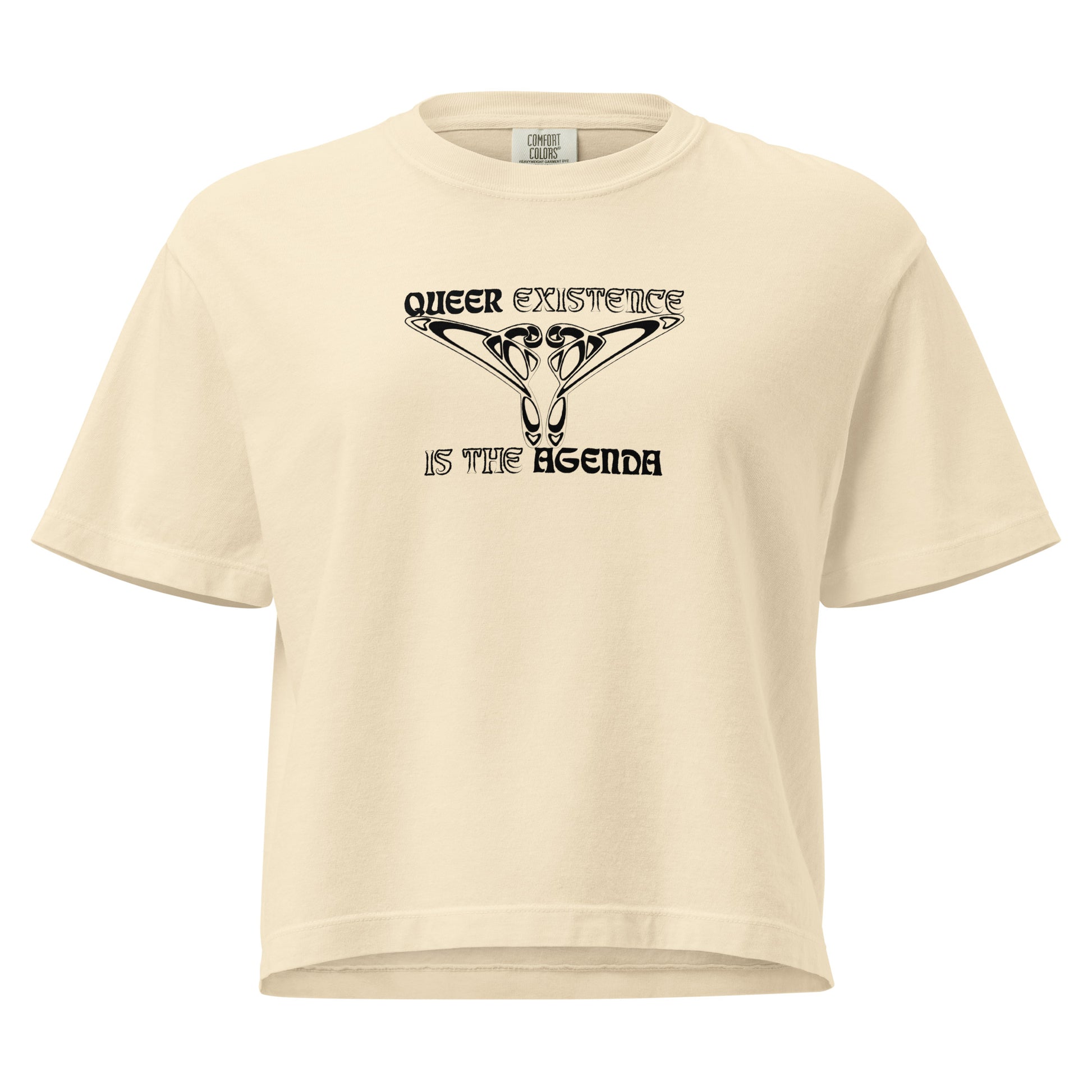 Ivory, boxy t-shirt. Featuring the phrase ‘Queer existence is the agenda’ on the front, ‘here to stay’ on the back. Design is in black, with a butterfly design on the front and an abstract design on the back. Design is in contrast to legislation that is based on eraser of queer people. Designed by a small LGBTQ+ owned business. Front of shirt. 
