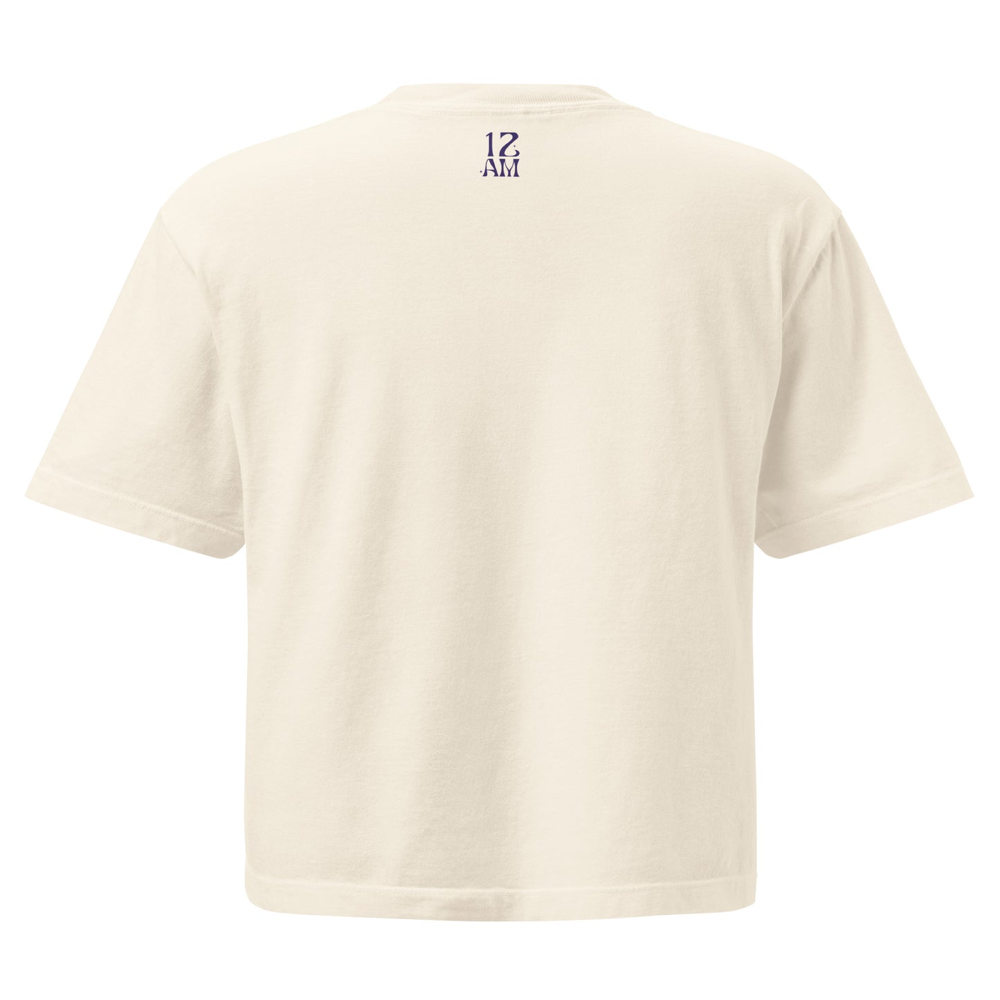 Ivory, boxy t-shirt featuring the phrase ‘My horoscope says I’m gay’ in a blue decorative typeface, gay as the moon. Playful nod to queer identity and astrology, embracing the idea that astrology is gay. Designed by a small LGBTQ+ owned business. Back of shirt.