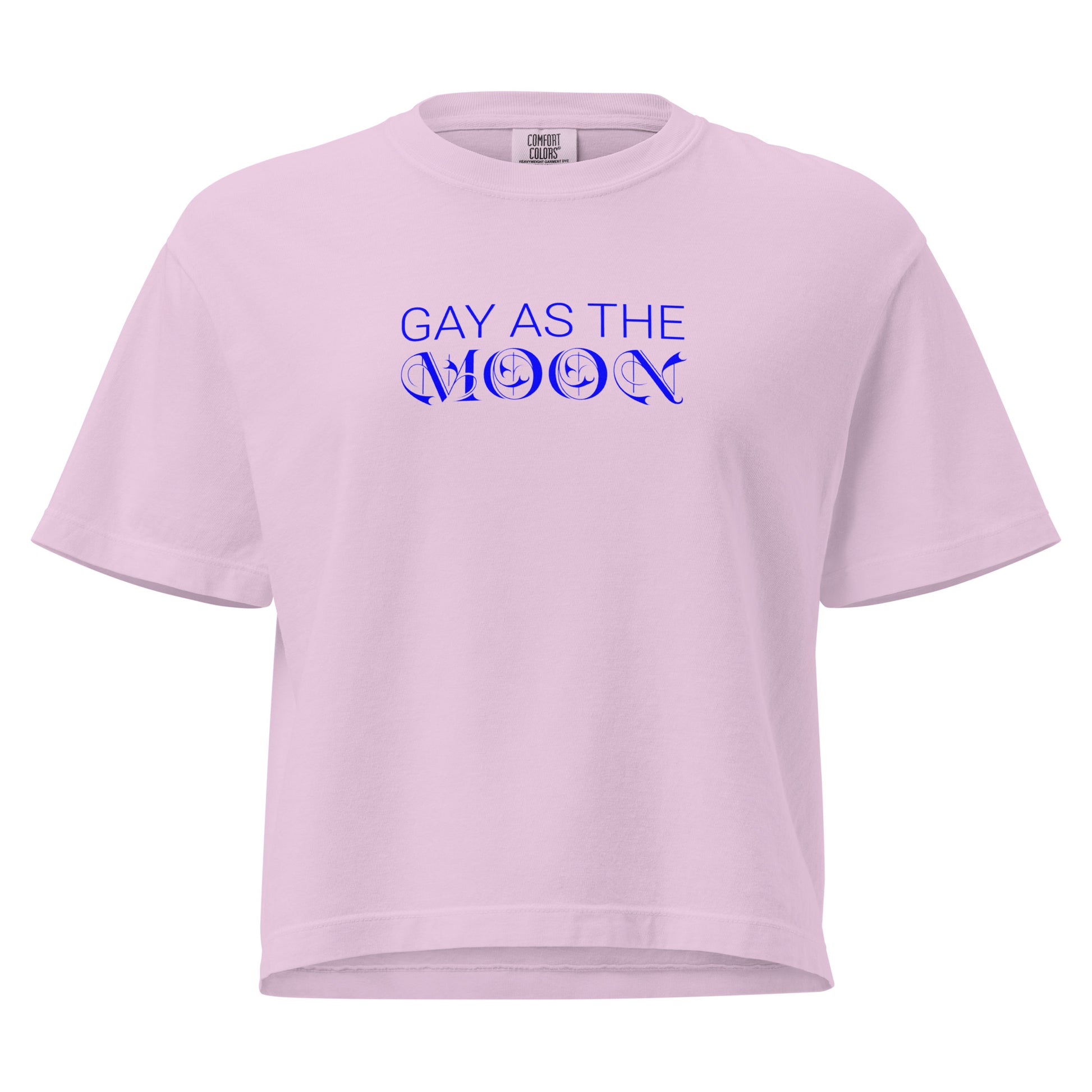 Orchid, boxy t-shirt featuring the phrase ‘Gay as the moon’ in a blue decorative typeface. Playful nod to queer identity and astrology, embracing the idea that the moon is gay. Designed by a small LGBTQ+ owned business. Front of shirt.