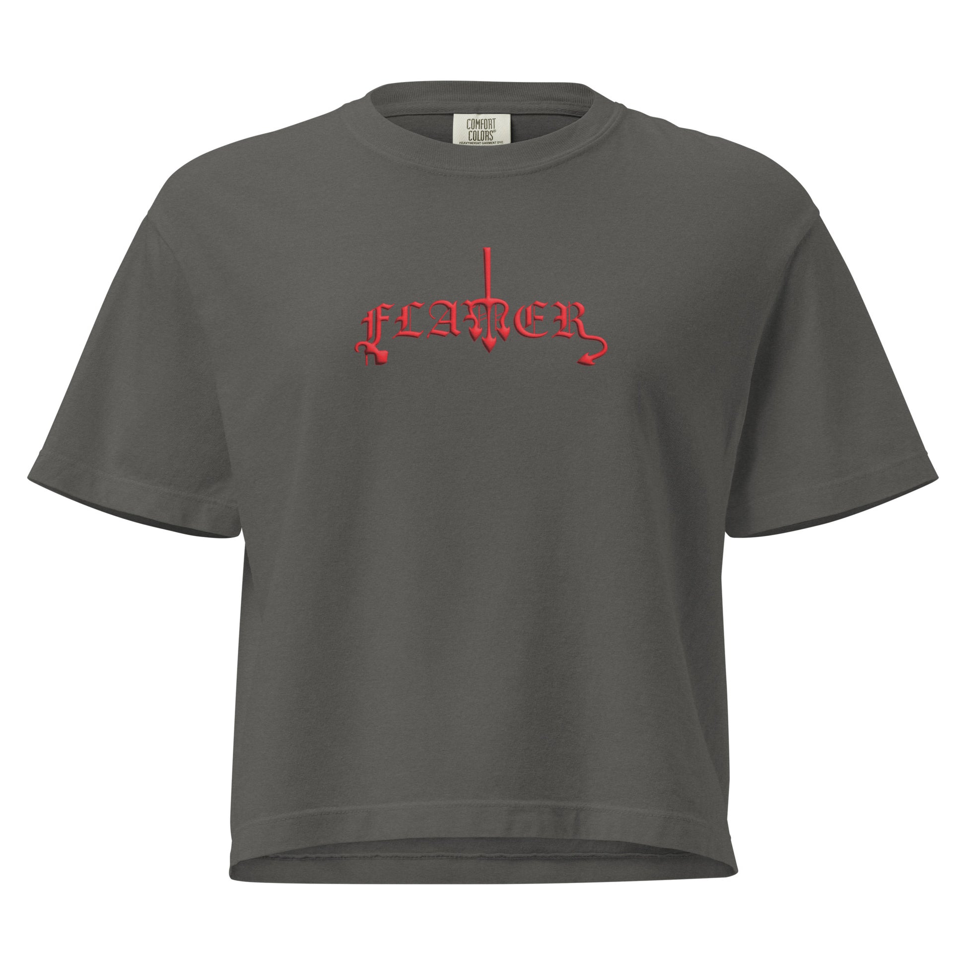 Pepper, boxy t-shirt featuring the word ‘Flamer’ in a bold, illustrative typeface. Reclaiming the phrase “flaming gay,” this design leans into a devil-mascot aesthetic to celebrate every queer who refuses to dim their fire. Designed by a small LGBTQ+ owned business. Front of shirt.