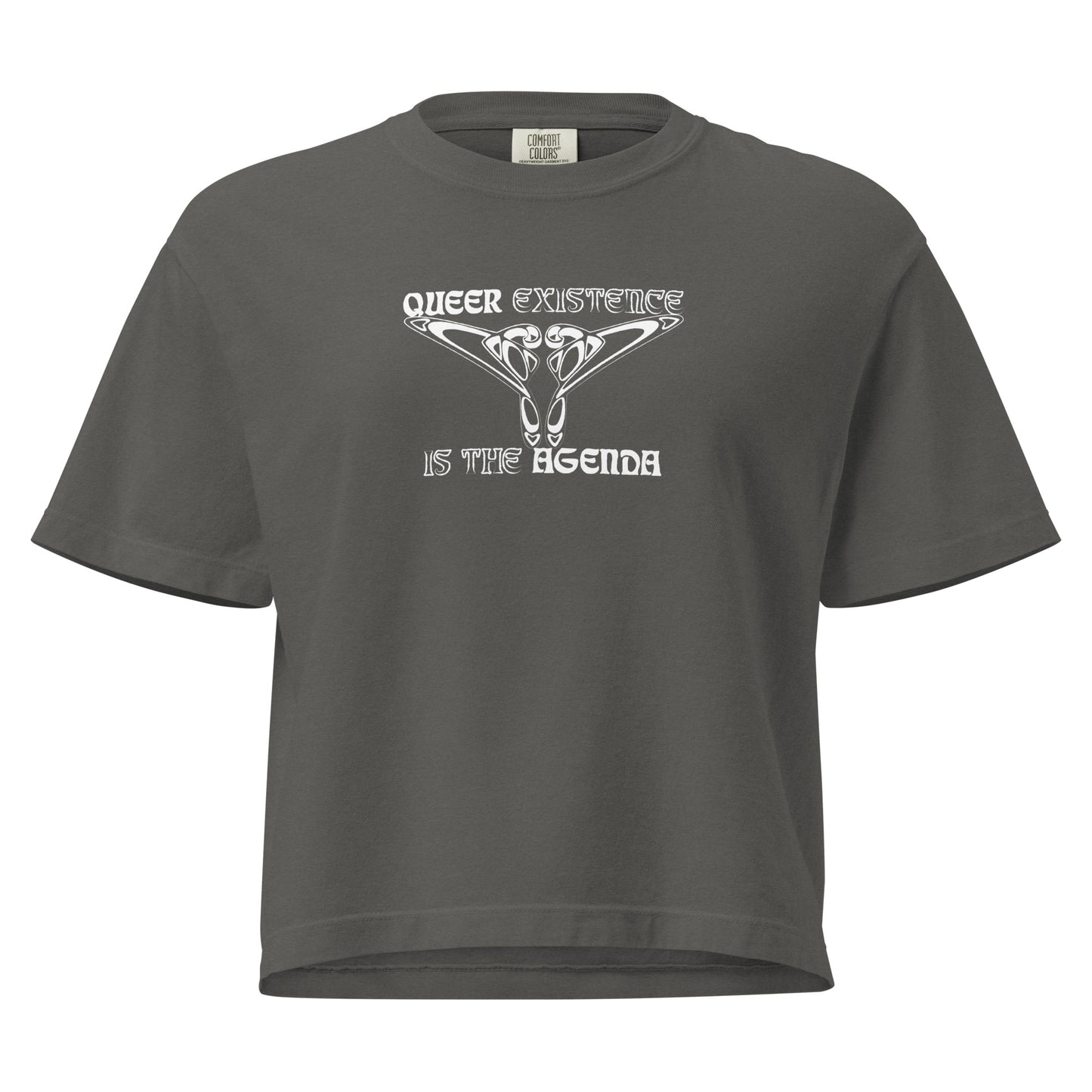 Pepper, boxy t-shirt. Featuring the phrase ‘Queer existence is the agenda’ on the front, ‘here to stay’ on the back. Design is in white, with a butterfly design on the front and an abstract design on the back. Design is in contrast to legislation that is based on eraser of queer people. Designed by a small LGBTQ+ owned business. Front of shirt. 