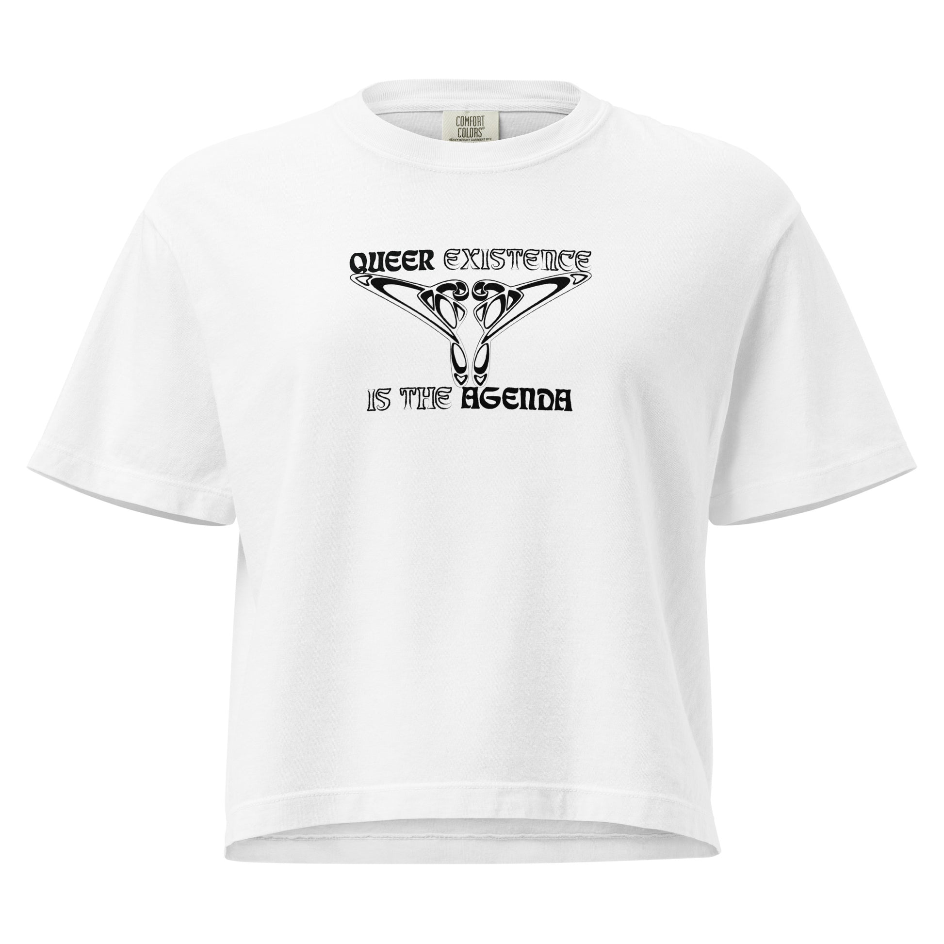 White, boxy t-shirt. Featuring the phrase ‘Queer existence is the agenda’ on the front, ‘here to stay’ on the back. Design is in black, with a butterfly design on the front and an abstract design on the back. Design is in contrast to legislation that is based on eraser of queer people. Designed by a small LGBTQ+ owned business. Front of shirt. 