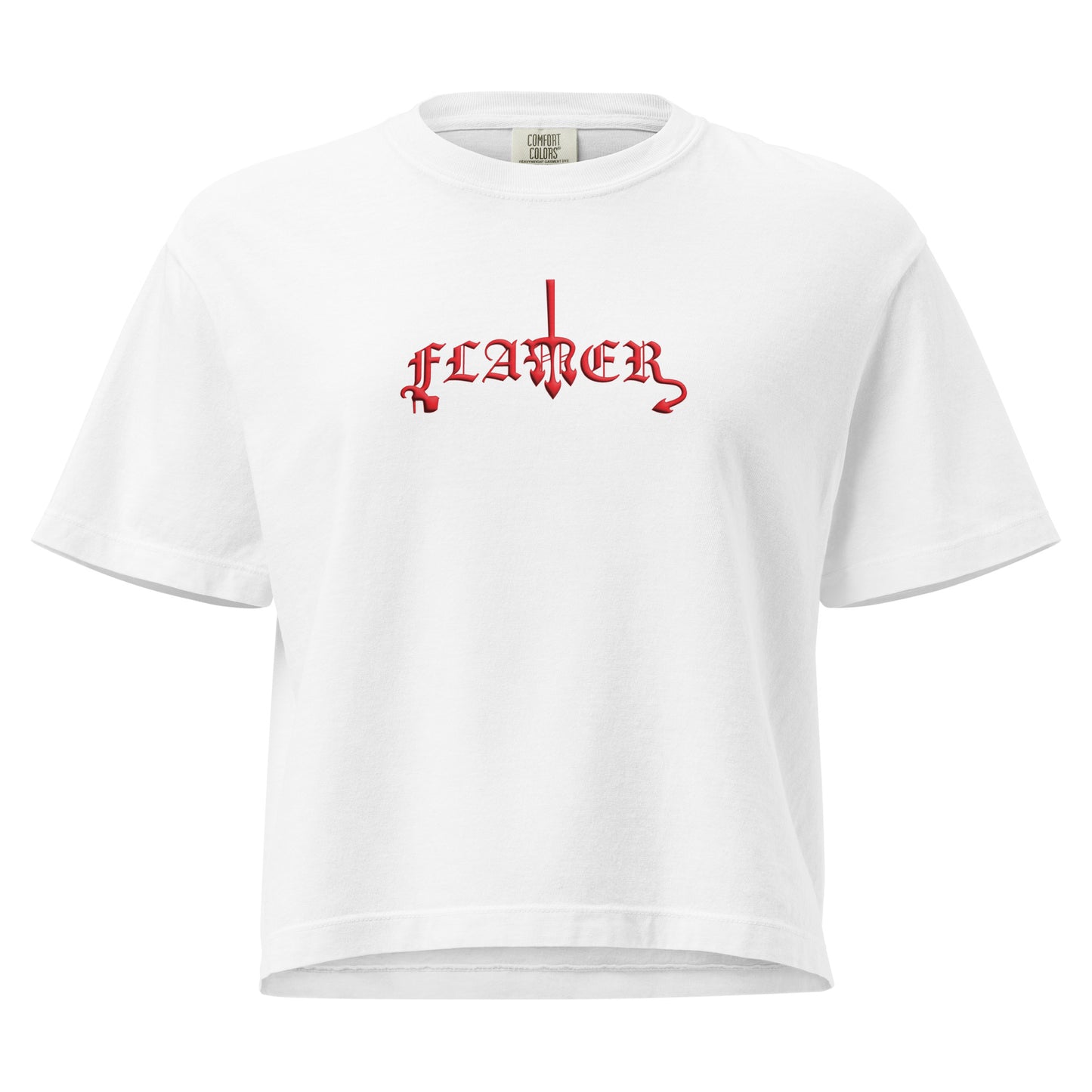 White, boxy t-shirt featuring the word ‘Flamer’ in a bold, illustrative typeface. Reclaiming the phrase “flaming gay,” this design leans into a devil-mascot aesthetic to celebrate every queer who refuses to dim their fire. Designed by a small LGBTQ+ owned business. Front of shirt.