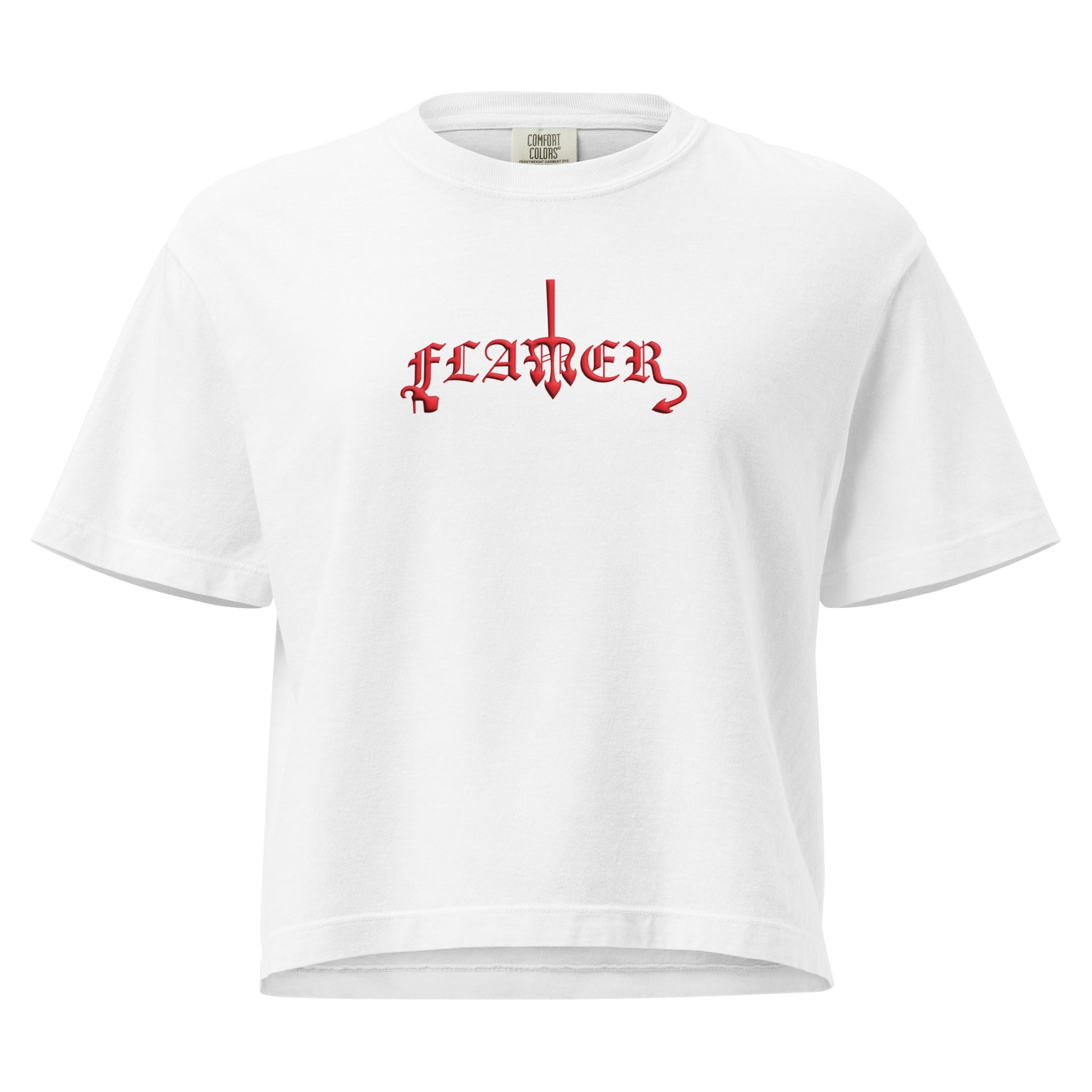 White, boxy t-shirt featuring the word ‘Flamer’ in a bold, illustrative typeface. Reclaiming the phrase “flaming gay,” this design leans into a devil-mascot aesthetic to celebrate every queer who refuses to dim their fire. Designed by a small LGBTQ+ owned business. Front of shirt.