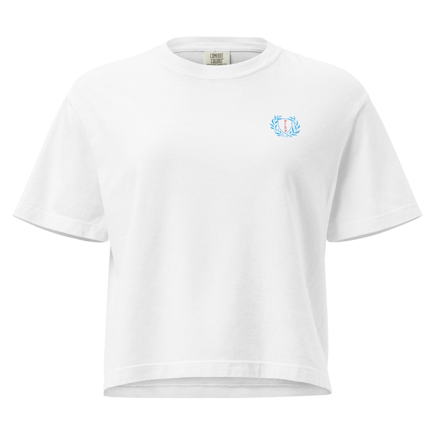 White, boxy t-shirt featuring an embroidered ‘PrEP’ design styled in Ivy League-inspired type. Designed by queer creators to promote HIV awareness and access to PrEP through unapologetic activism and education. Designed by a small LGBTQ+ owned business. Front of shirt.