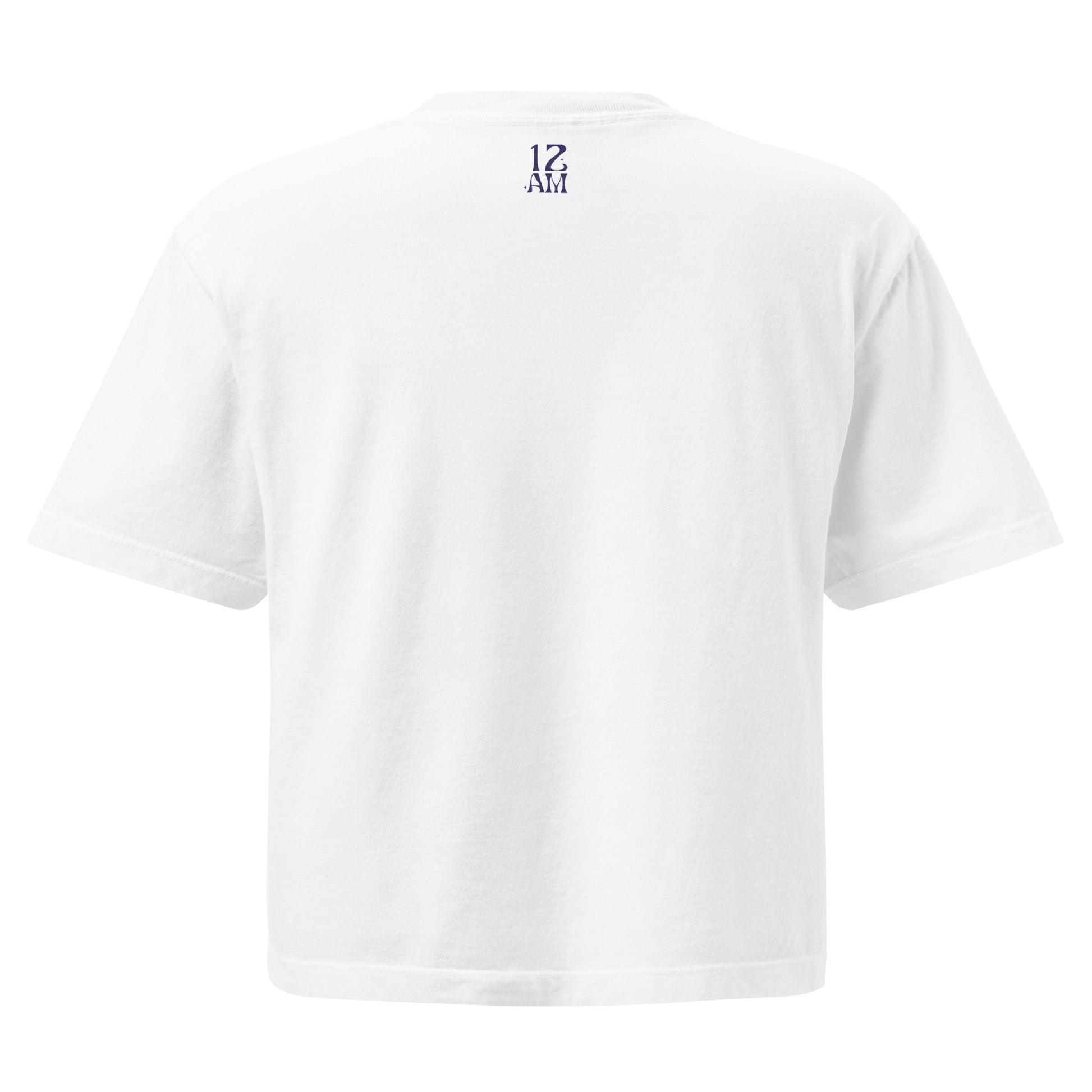 White, boxy T-shirt featuring the phrase ‘Gay as the moon’ in a decorative blue typeface. Playful nod to queer identity and astrology, embracing the idea that astrology is gay. Designed by a small LGBTQ+ owned business. Back of t-shirt. 