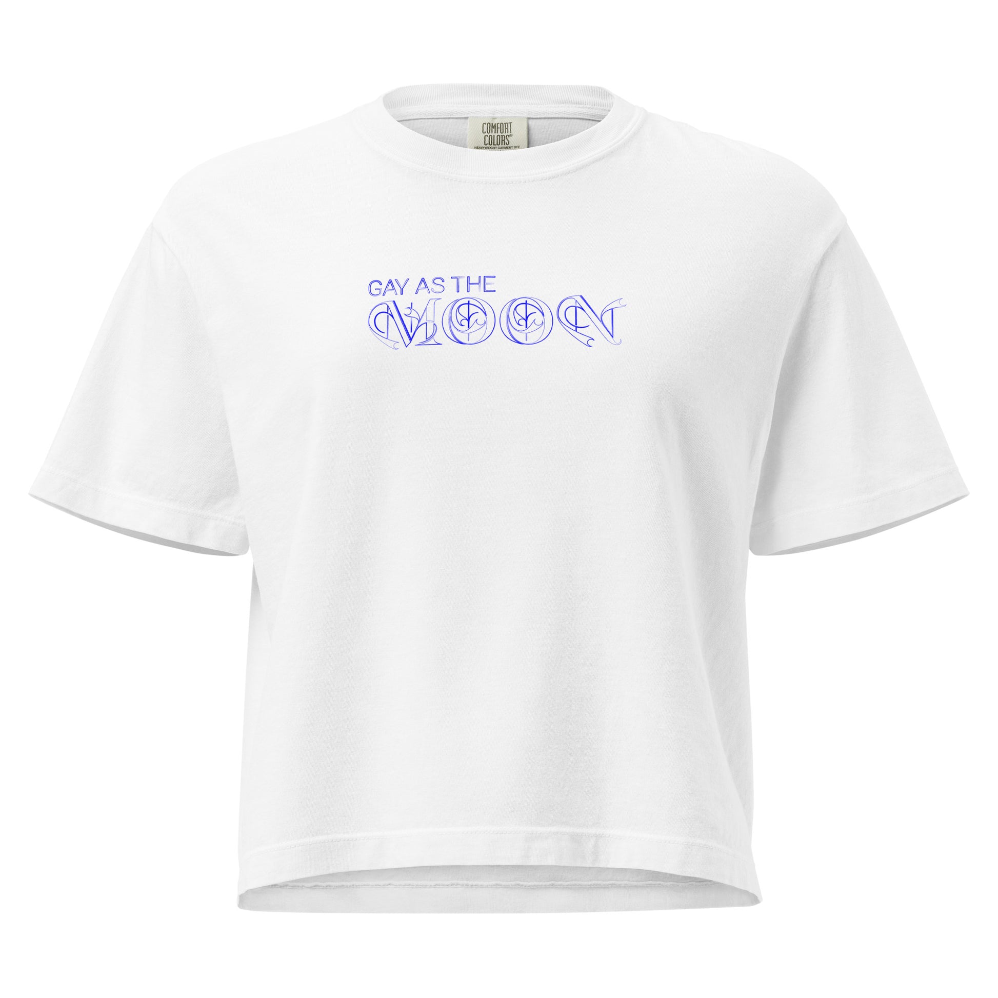 White, boxy T-shirt featuring the phrase ‘Gay as the moon’ in a decorative blue typeface. Playful nod to queer identity and astrology, embracing the idea that astrology is gay. Designed by a small LGBTQ+ owned business. Front of t-shirt. 