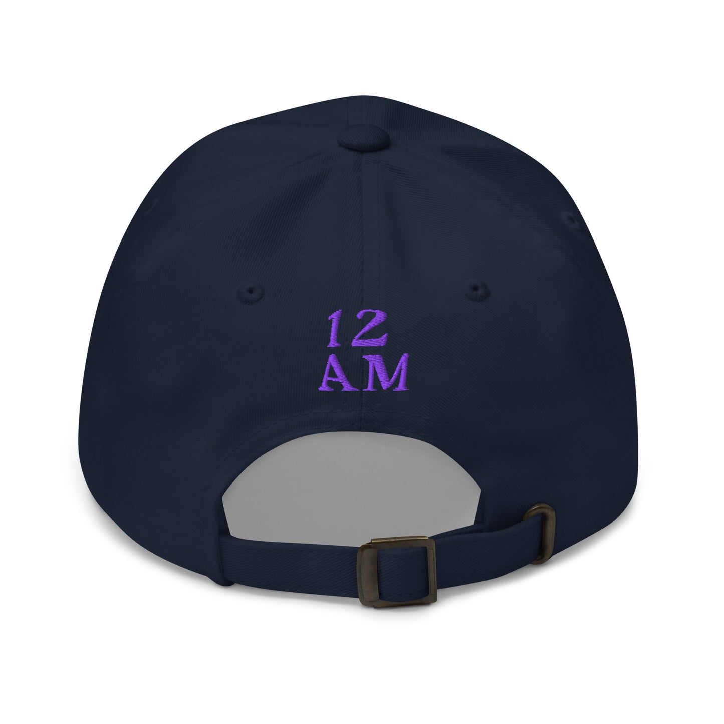 Navy blue hat, featuring the phrase ‘Gay as the moon’ in a decorative white typeface. Playful nod to queer identity and astrology, embracing the idea that astrology is gay. Designed by a small LGBTQ+ owned business. Back of hat with purple 12AM logo.  