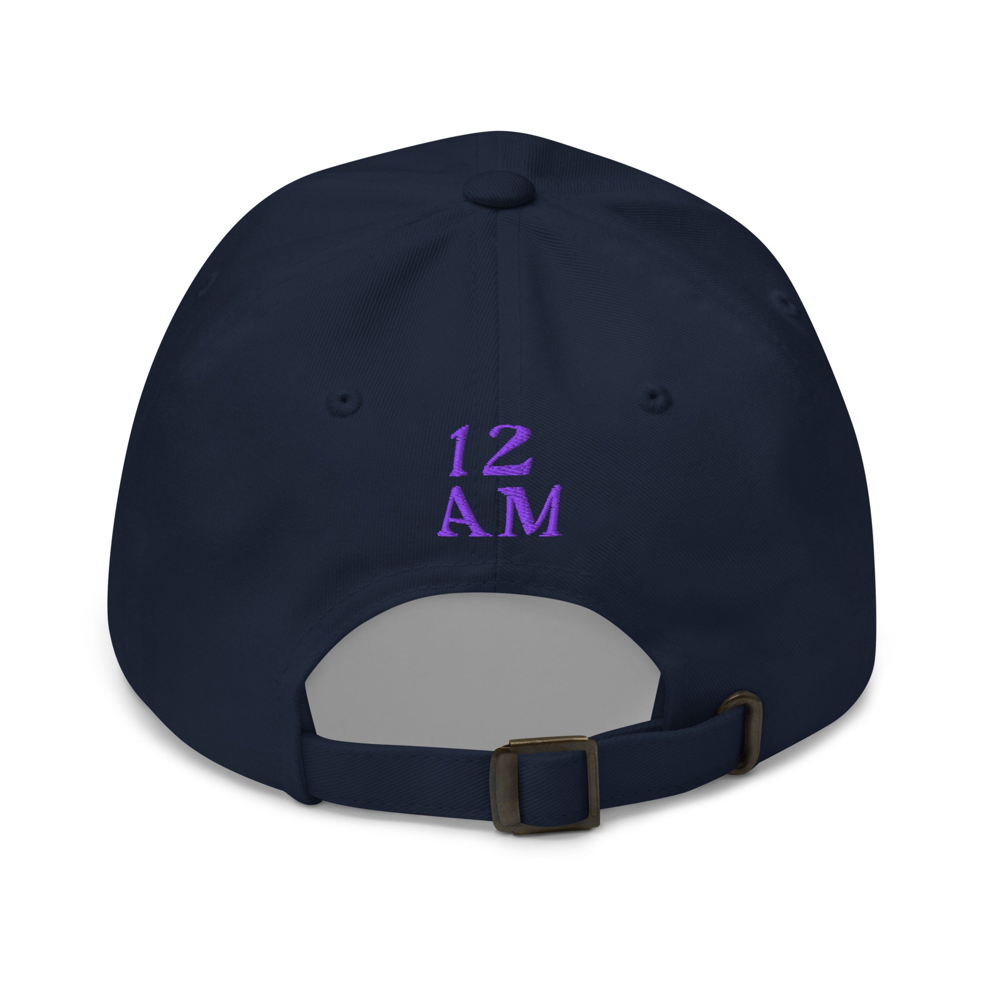 Navy blue hat, featuring the phrase ‘Gay as the moon’ in a decorative white typeface. Playful nod to queer identity and astrology, embracing the idea that astrology is gay. Designed by a small LGBTQ+ owned business. Back of hat with purple 12AM logo.  