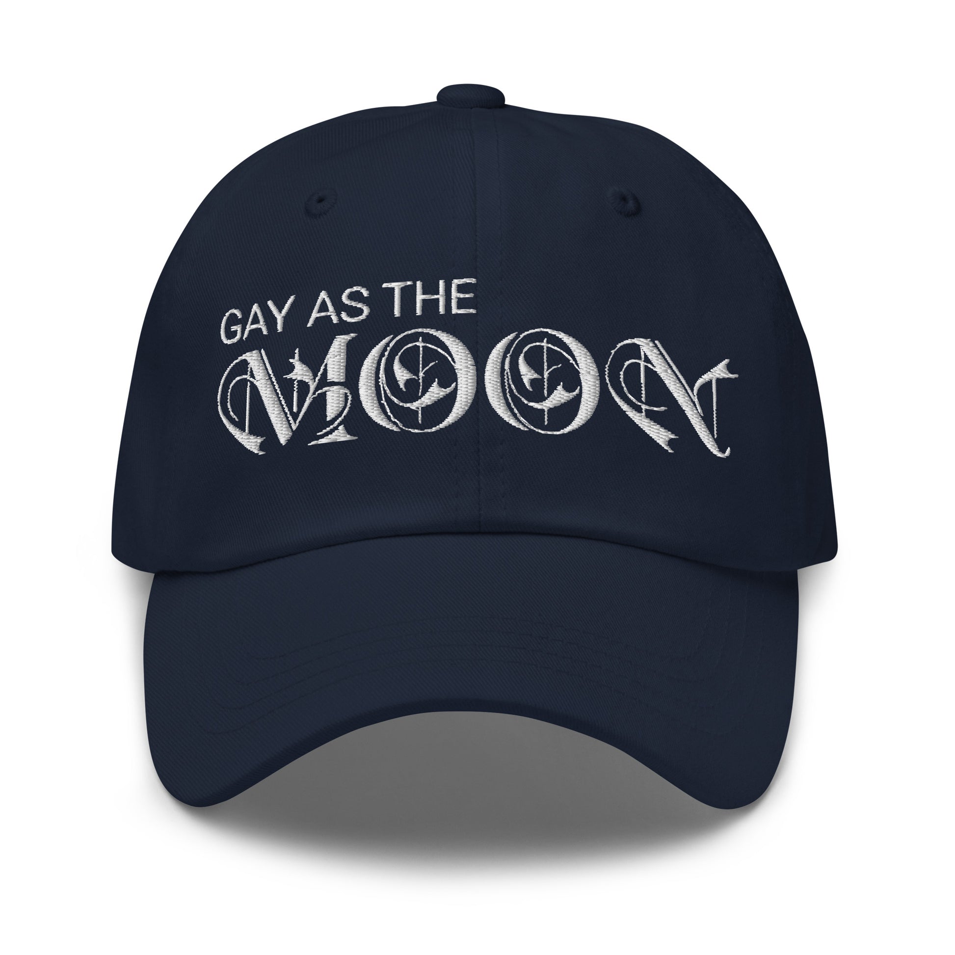 Navy blue hat, featuring the phrase ‘Gay as the moon’ in a decorative white typeface. Playful nod to queer identity and astrology, embracing the idea that astrology is gay. Designed by a small LGBTQ+ owned business. Front of hat. 