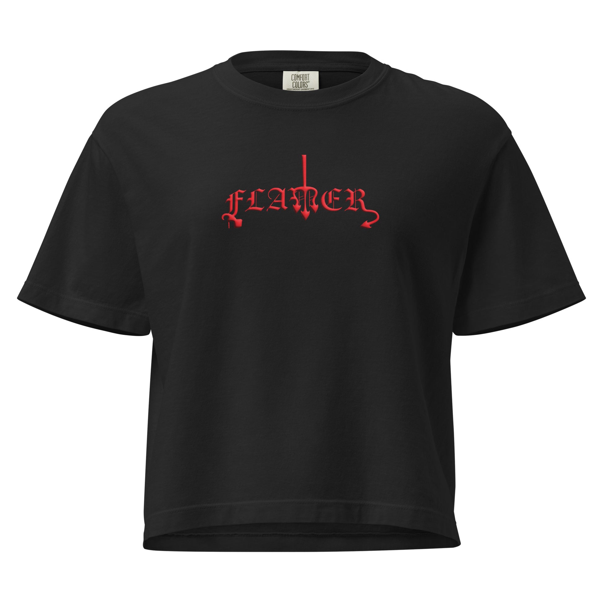 Black boxy t-shirt, with "FLAMER" in red blackletter, illustrated script, the M styled as a devil's pitchfork — a 12:AM Intuition reclamation of a slur, designed to go all out. 