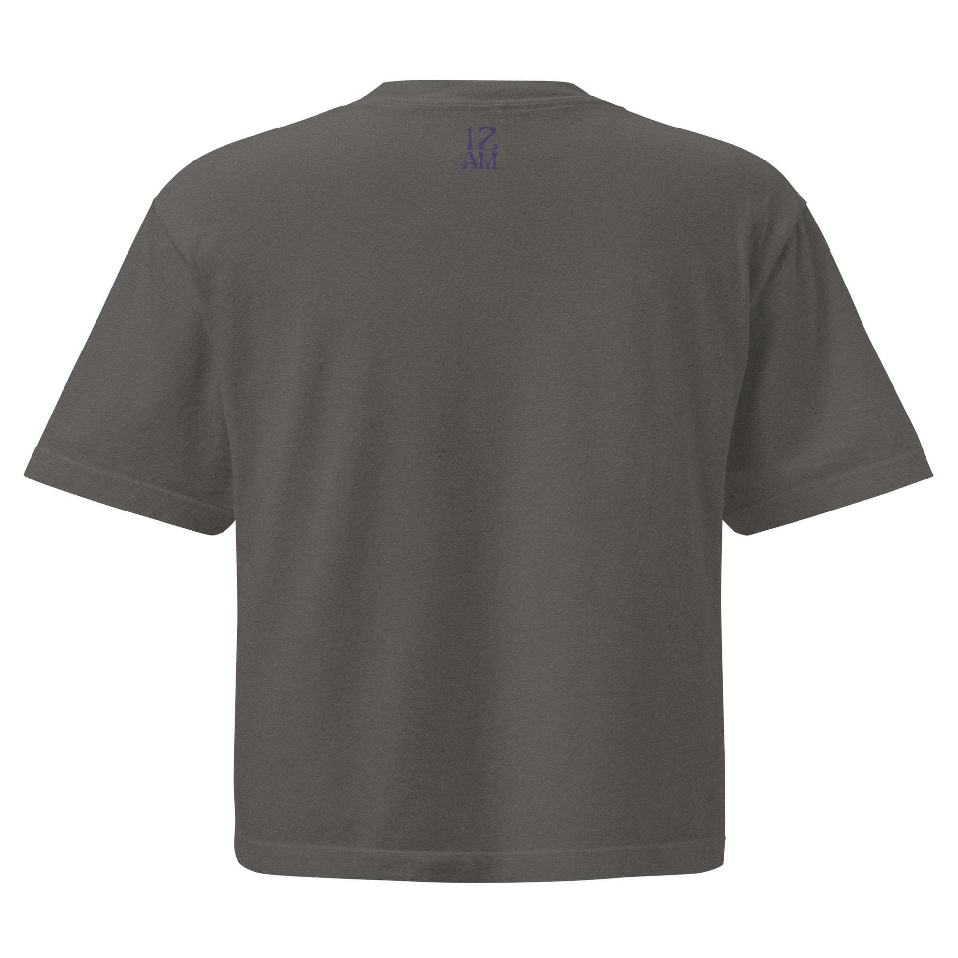 Pepper boxy t-shirt, with "FLAMER" in red blackletter, illustrated script, the M styled as a devil's pitchfork — a 12:AM Intuition reclamation of a slur, designed to go all out. Back of t-shirt.