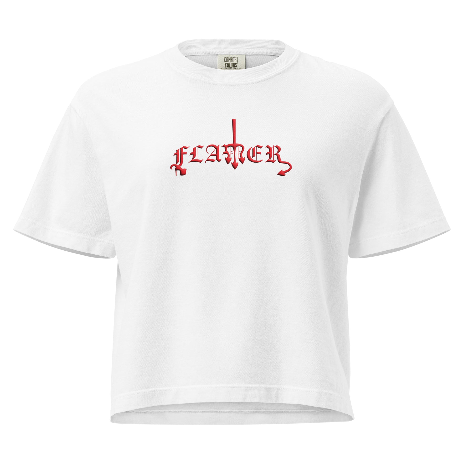 White boxy t-shirt, with "FLAMER" in red blackletter, illustrated script, the M styled as a devil's pitchfork — a 12:AM Intuition reclamation of a slur, designed to go all out. 