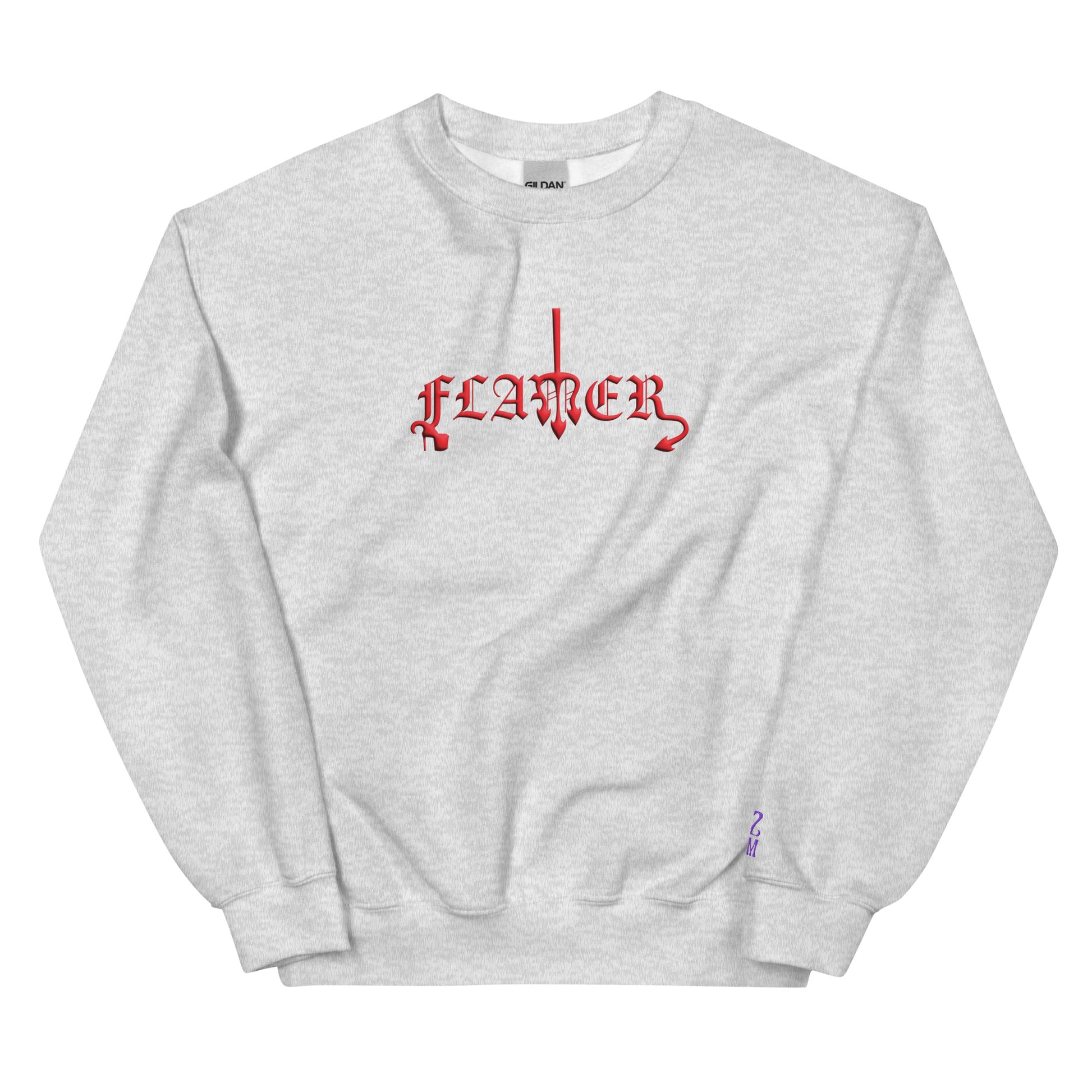 Ash grey sweatshirt with "FLAMER" in red blackletter, illustrated script, the M styled as a devil's pitchfork — a 12:AM Intuition reclamation of a slur, designed to go all out. 