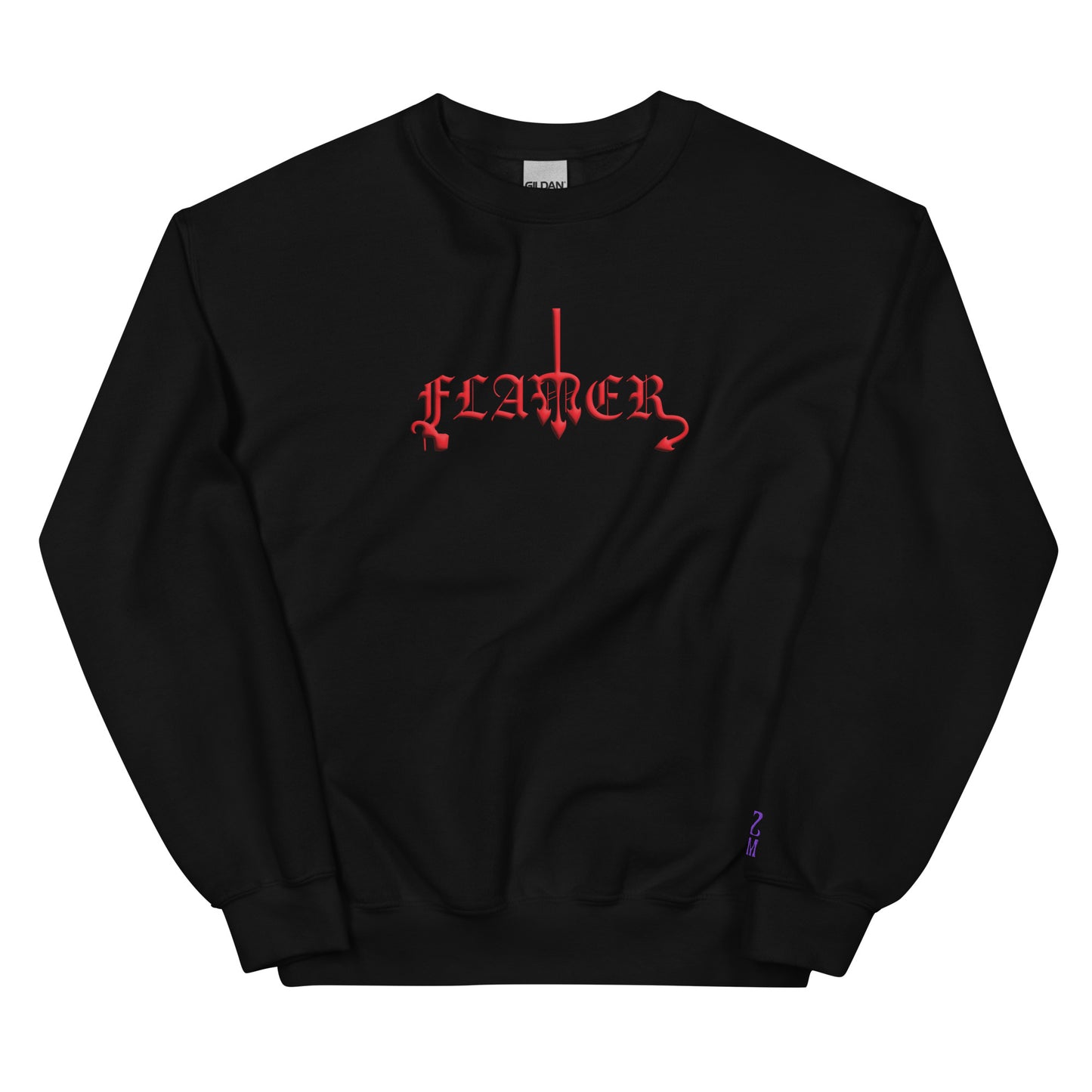 Black sweatshirt with "FLAMER" in red blackletter, illustrated script, the M styled as a devil's pitchfork — a 12:AM Intuition reclamation of a slur, designed to go all out. 
