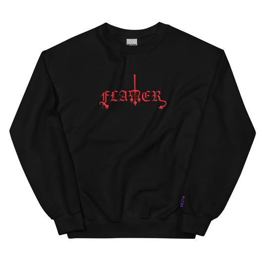 Black sweatshirt with "FLAMER" in red blackletter, illustrated script, the M styled as a devil's pitchfork — a 12:AM Intuition reclamation of a slur, designed to go all out. 