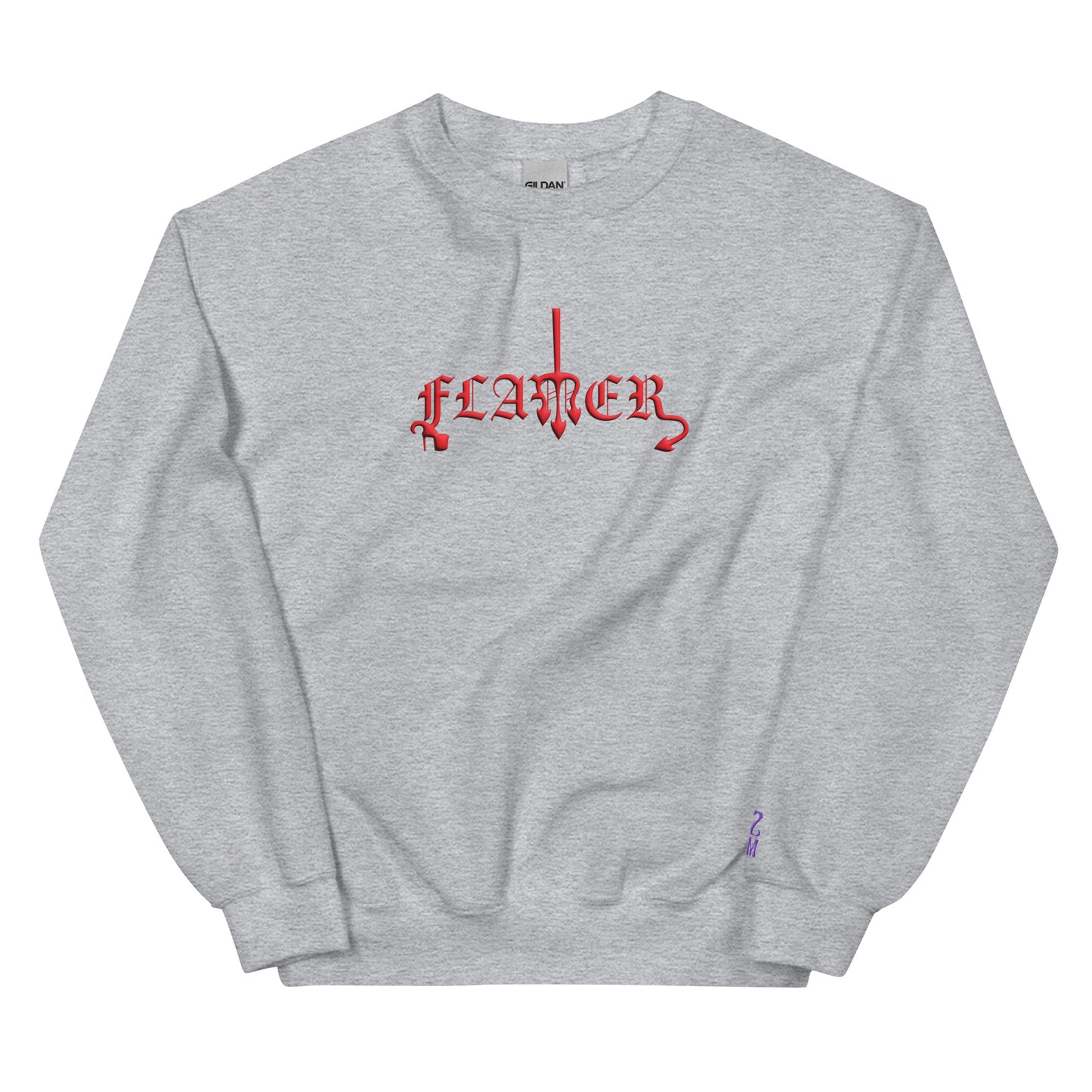 Sport grey sweatshirt with "FLAMER" in red blackletter, illustrated script, the M styled as a devil's pitchfork — a 12:AM Intuition reclamation of a slur, designed to go all out. 