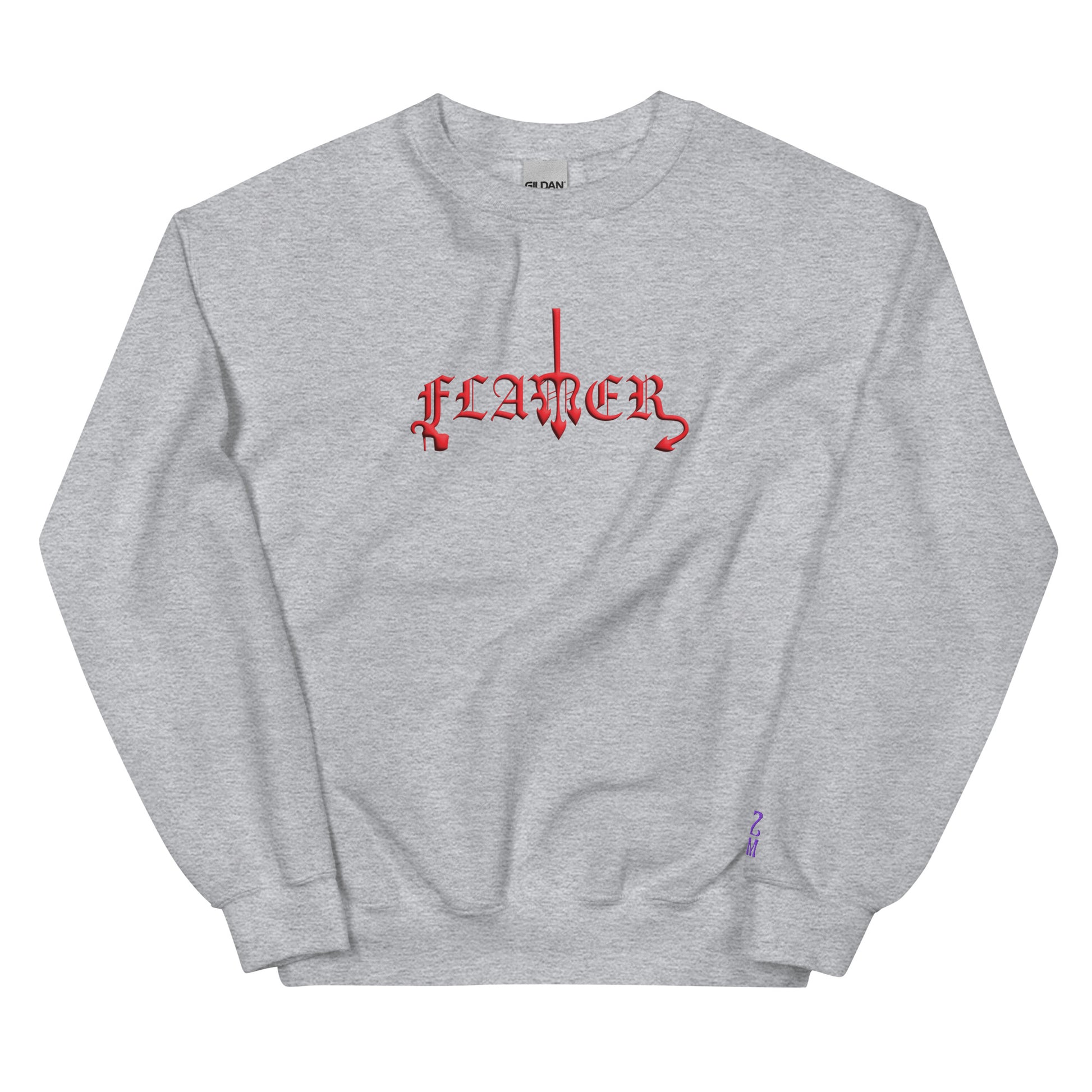 Sport grey sweatshirt with "FLAMER" in red blackletter, illustrated script, the M styled as a devil's pitchfork — a 12:AM Intuition reclamation of a slur, designed to go all out. 